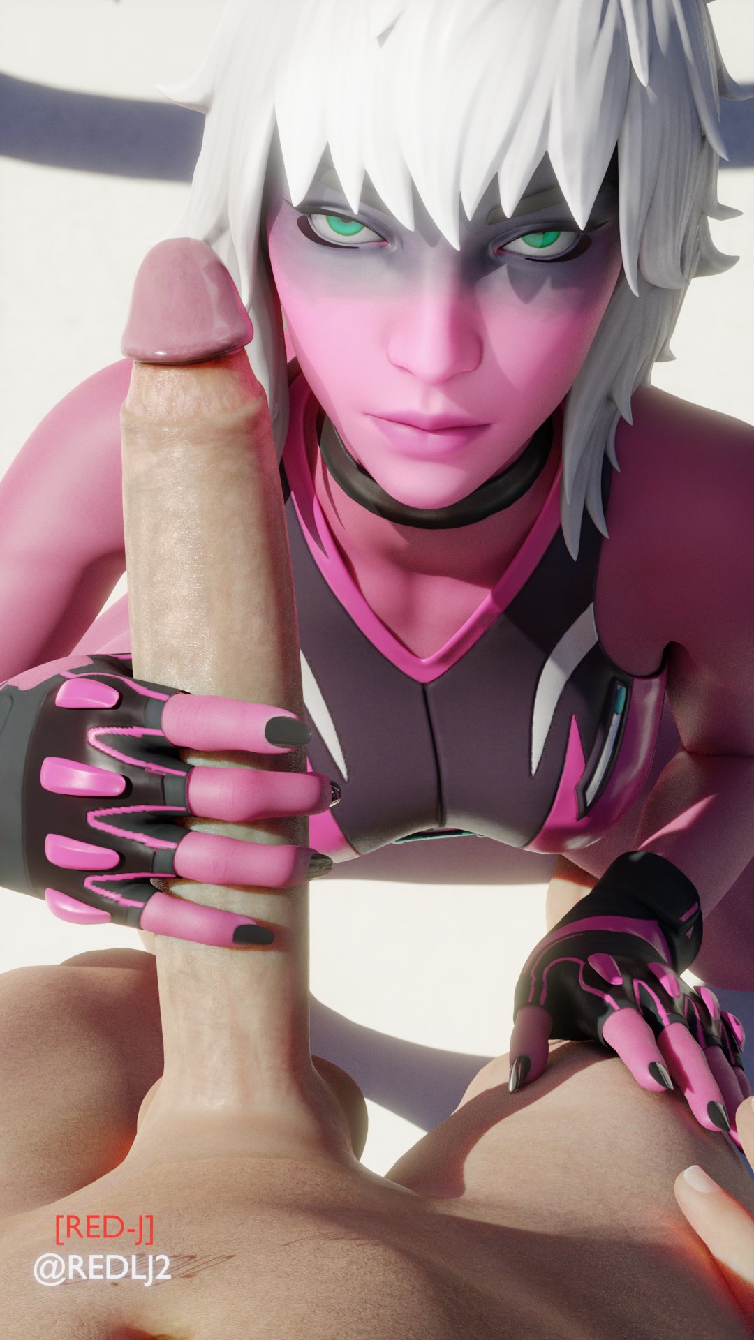 1boy, 1girls, 3d, blender, female, fingerless gloves, fortnite, gloved handjob, gloves, half naked, hand on penis, handjob, handjob with gloves, harlowe (fortnite), holding penis, long penis, male, penis, pink skin, red lj, red-j, touching penis, unseen male face, white hair