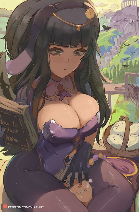 1boy, 1girls, 2022, alternate costume, animal ears, artist signature, bangs, basket, black gloves, black hair, black legwear, blunt bangs, blush, book, breasts, bunny girl, bunnysuit, circlet, cleavage, detached collar, fake animal ears, female, fire emblem, fire emblem awakening, fire emblem heroes, gloves, grey eyes, hairband, head between thighs, highleg, highleg leotard, hips, huge breasts, large breasts, leotard, long hair, male, miraihikari, nintendo, official alternate costume, outdoors, pantyhose, parted lips, playboy bunny, purple leotard, robin (fire emblem), robin (fire emblem) (male), sidelocks, slim waist, tharja (fire emblem), thick thighs, thigh squish, thighs, tights, two side up, wide hips
