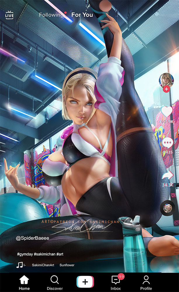 1girls 2022 arm_up armpit armpits arms_up artist_signature black_yoga_pants blonde_hair blue_eyes breasts feet female female_only flexible gwen_stacy gym hairband heroine hips indoors large_breasts leg_up livestream marvel marvel_comics sakimichan shaved_armpit short_hair slim_waist spider-gwen spider-man:_into_the_spider-verse spider-man_(series) sports_bra stream_chat stream_ui stretching thick_thighs thighs water_bottle watermark white_sports_bra wide_hips workout workout_clothes yoga_pants