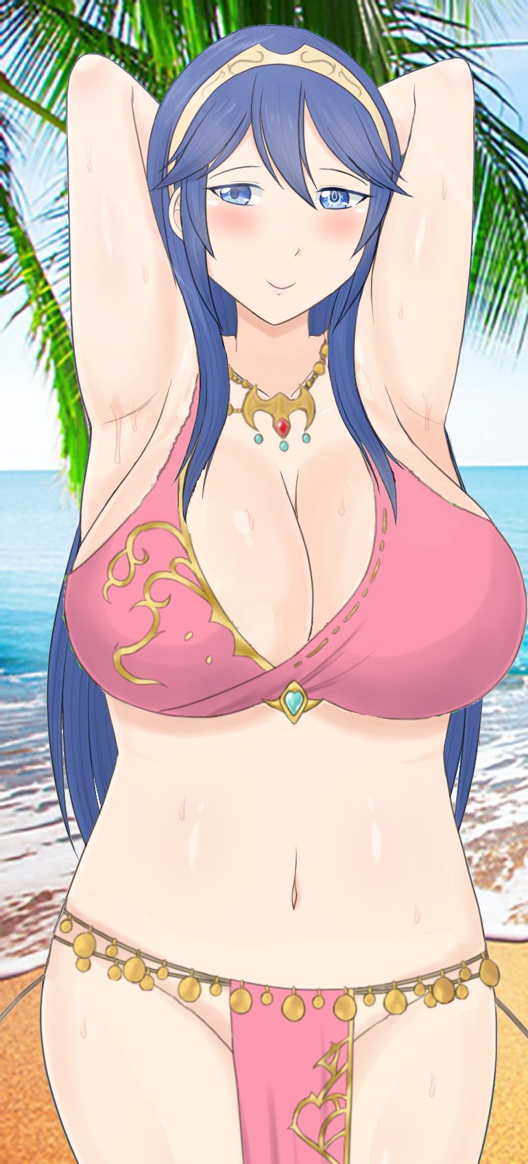 alternate_costume armpits beach blue_eyes blue_hair blush breasts cleavage cosplay exhibitionism female fire_emblem fire_emblem:_genealogy_of_the_holy_war fire_emblem_awakening high_resolution huge_breasts jewelry lene_(fire_emblem)_(cosplay) long_hair looking_at_viewer lucina_(fire_emblem) midriff navel necklace nintendo no_bra no_panties no_underwear ocean open_mouth palm_tree raigarasu revealing_clothes sand seductive_smile smile solo sweat thick_thighs thighs third-party_edit tiara