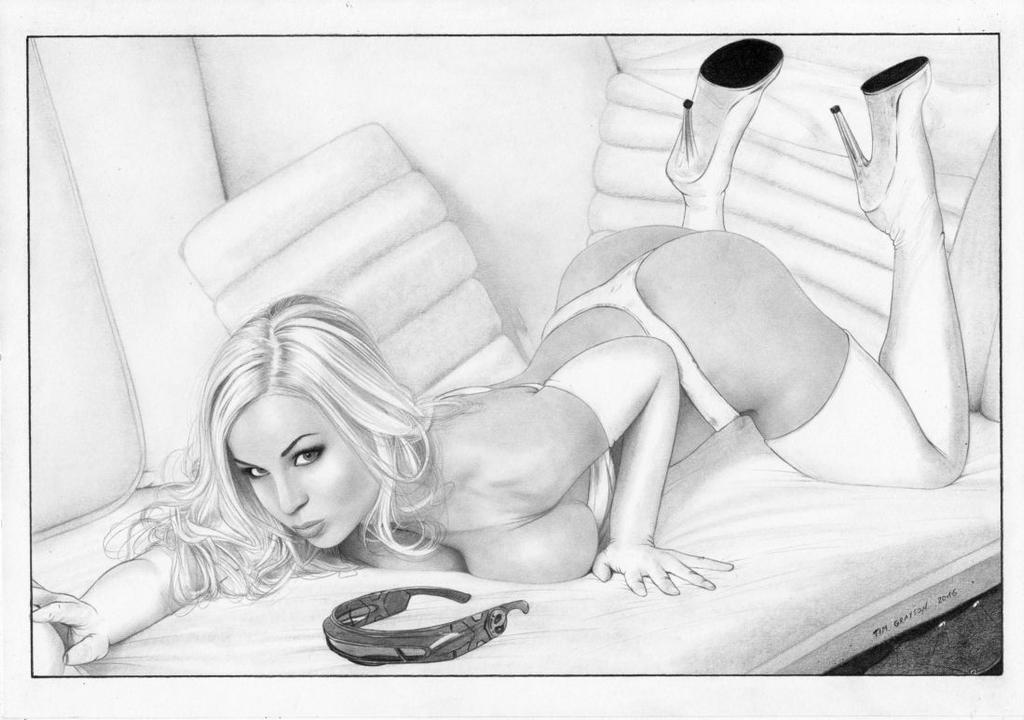 black_and_white breasts emma_frost high_heels huge_breasts looking_at_viewer marvel marvel_comics pinup realistic thighhighs thong tim_grayson topless topless_female white_queen x-men