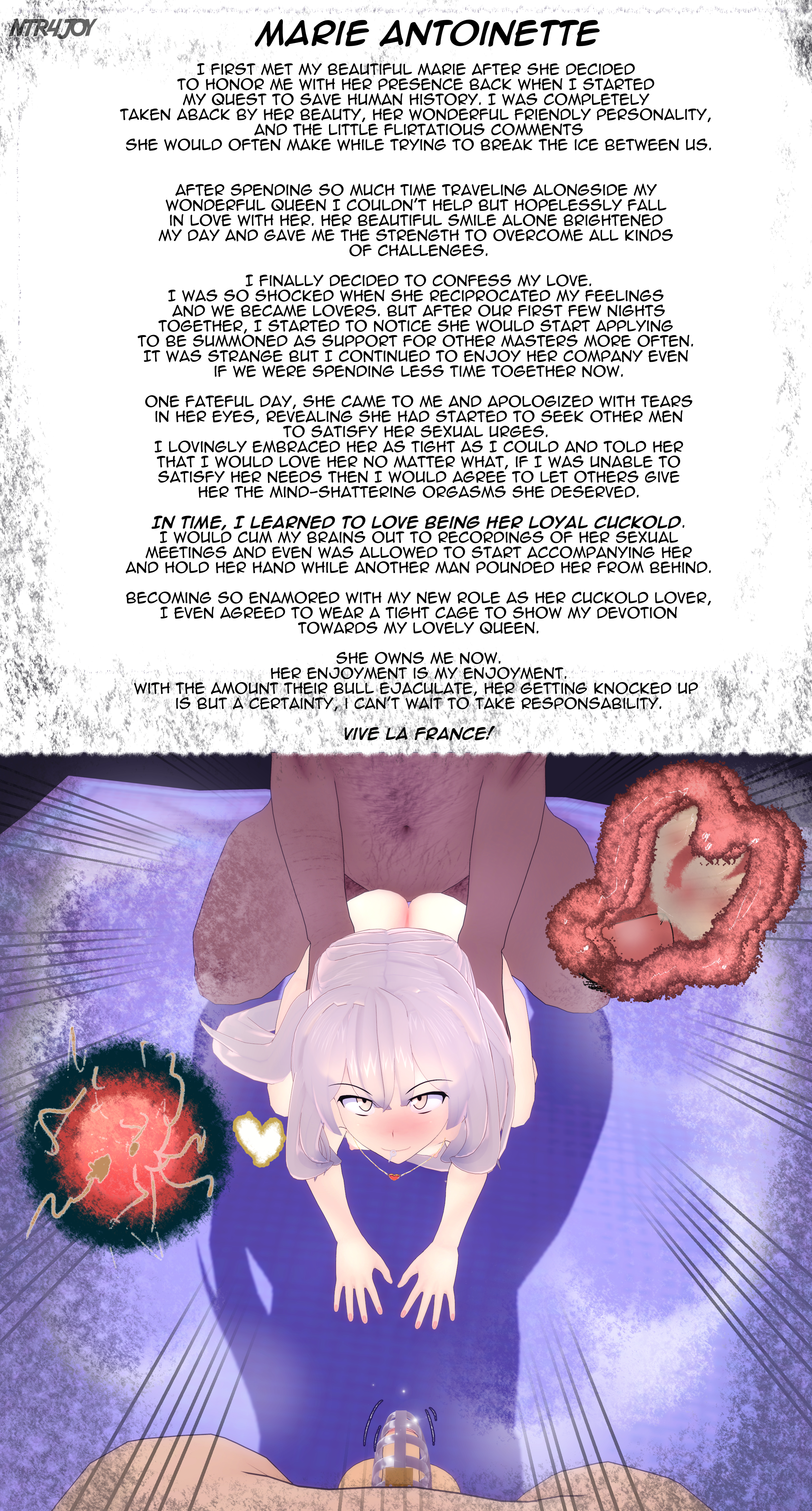 ass, breasts, caption, chastity, chastity cage, cuckold, cum in pussy, dark skin, dark-skinned male, english, english text, fat male, fate (series), fate/grand order, female, femdom, impregnation, looking at viewer, male, marie antoinette (fate), netorare, ntr, ntr4joy, ovum, penis, pov, pussy, sex, small penis humiliation, sph, text, x-ray