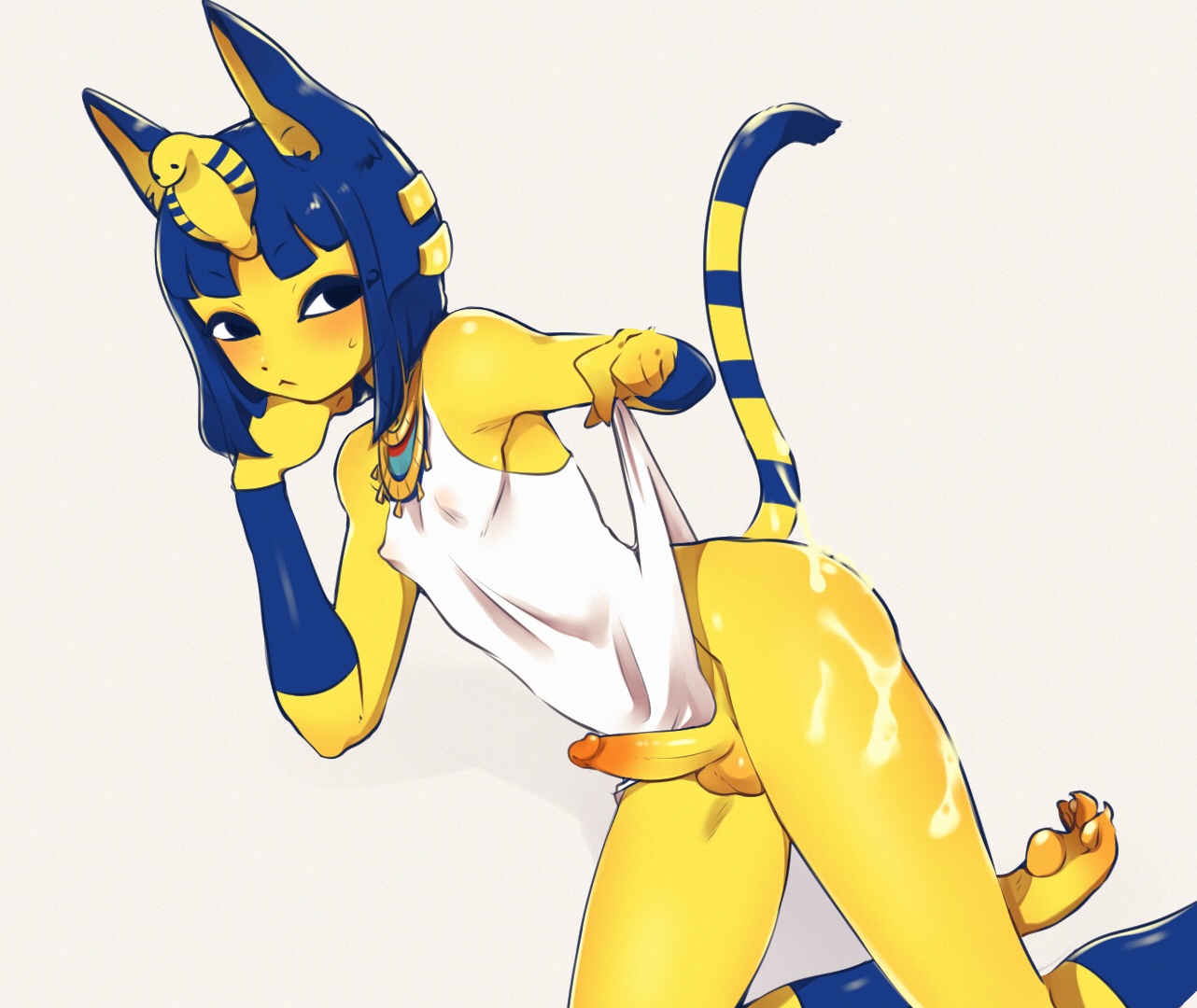 :<, animal crossing, ankha, ankha (animal crossing), anthro, ass, clothing, cum, cum on leg, cum string, felid, feline, felis, femboy, fur, furry, furry only, genderswap, genderswap (ftm), male, male ankha, male only, nintendo, niwa827, penis, rule 63, tail, thick ass, thick penis, thick thighs