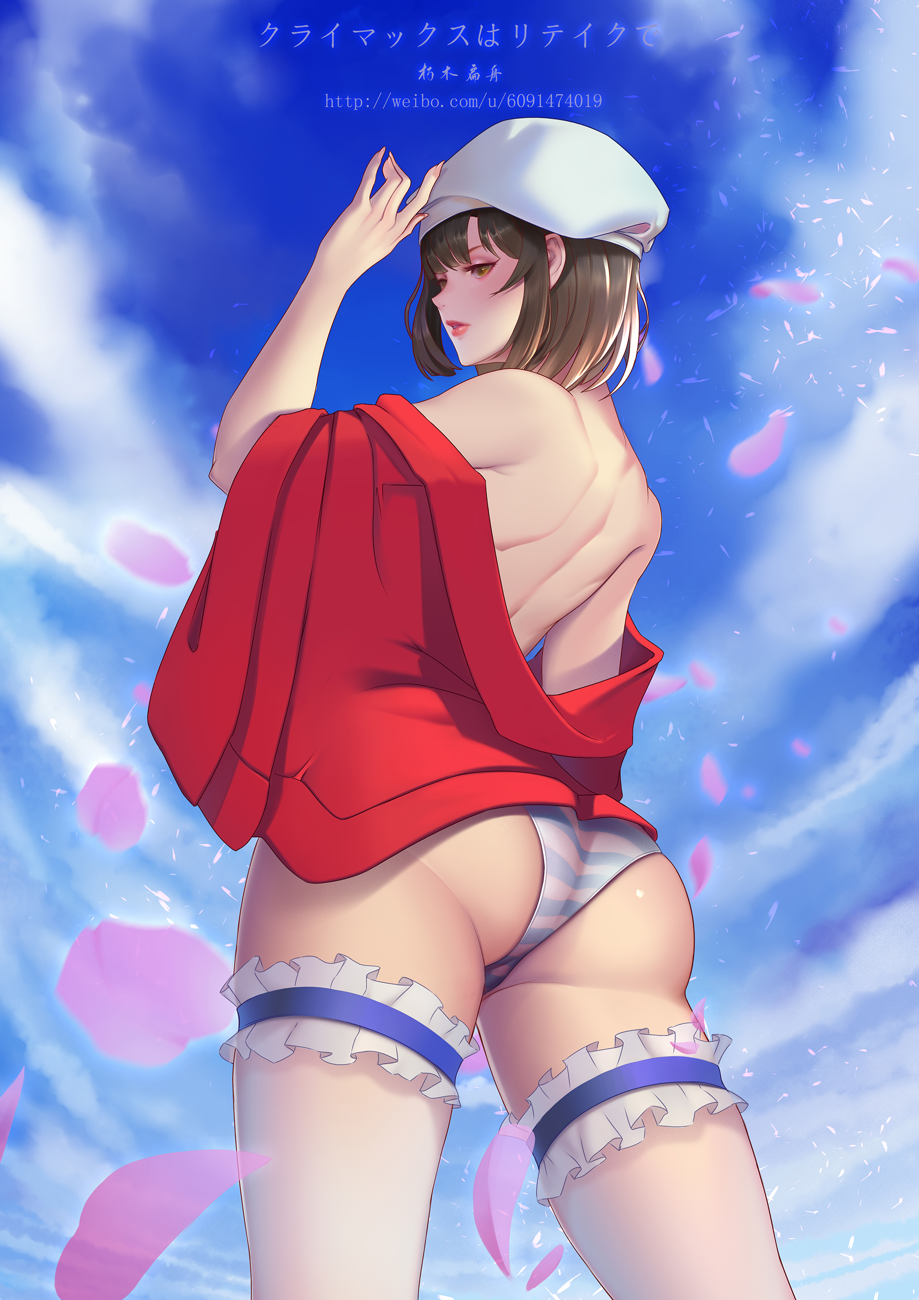 1girls, absurdres, alternate version available, ass, back, bangs, bare shoulders, beret, blue sky, breasts, brown eyes, brown hair, character name, cherry blossoms, chinese commentary, cloud, color, colored, commentary request, cowboy shot, day, falling petals, female, female only, frilled legwear, frills, from below, hat, highres, jacket, katou megumi, legwear, light skin, light-skinned female, medium breasts, off shoulder, panties, parted lips, petals, photoshop (medium), pink lips, pink nails, red jacket, saenai heroine no sodatekata, shimapan, short hair, sideboob, sky, solo, solo female, striped, striped panties, striped underwear, thighhighs, thighs, title, underwear, watermark, web address, white headwear, white legwear, xiumu bianzhou