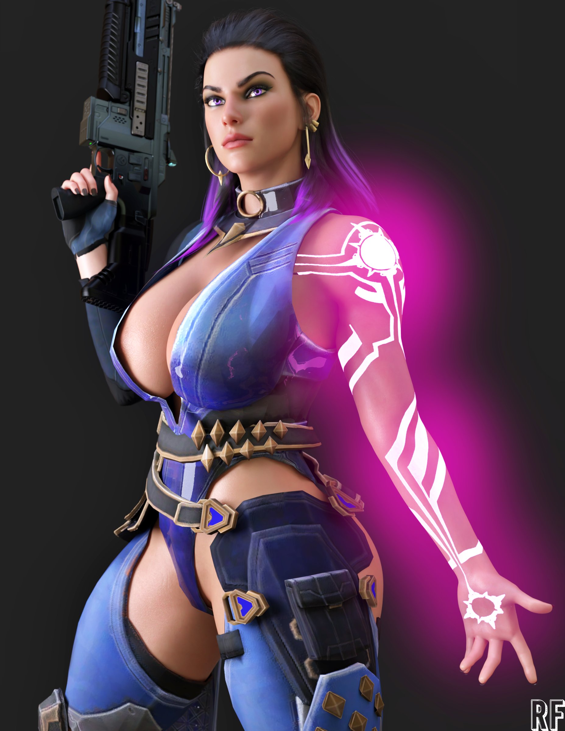 1girls, 3d, absurd res, black hair, breasts, cleavage, female, female only, gun, hi res, large breasts, purple eyes, reyna (valorant), rude frog, solo, valorant, weapon
