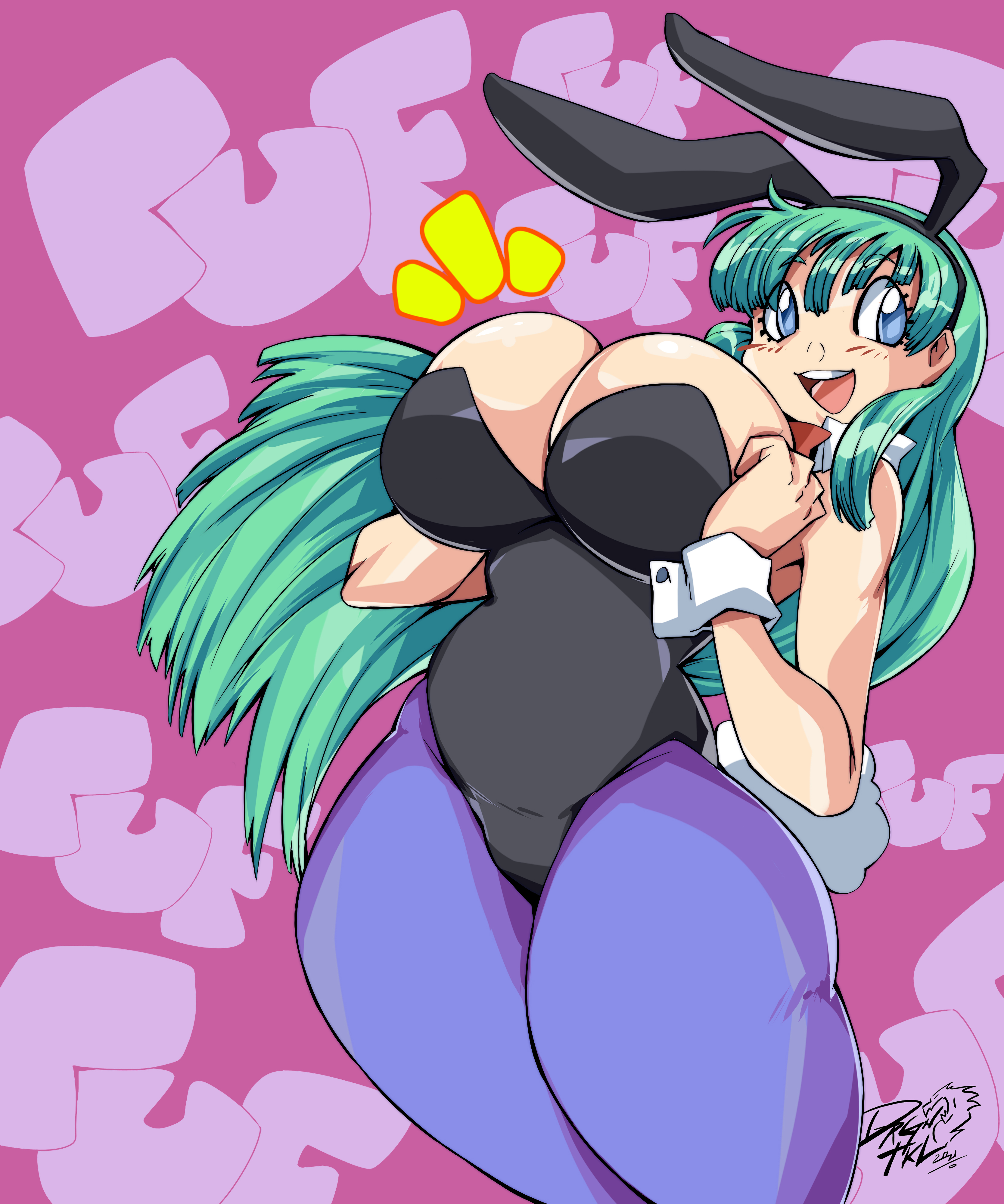 1girls, absurd res, animal ears, aqua hair, bare shoulders, black leotard, blue eyes, blush, breast hold, breasts, bulma (bunny), bulma briefs, bunny ears, bunny girl, bunnysuit, cleavage, curvy, dated, detached collar, dragon ball, dragoontequila, fake animal ears, female, female focus, highleg, highleg leotard, highres, huge breasts, large breasts, leotard, long hair, looking at viewer, open mouth, pantyhose, playboy bunny, rabbit ears, shiny, shiny clothes, shiny skin, simple background, smile, solo, teenager, thick thighs, thighs, very long hair