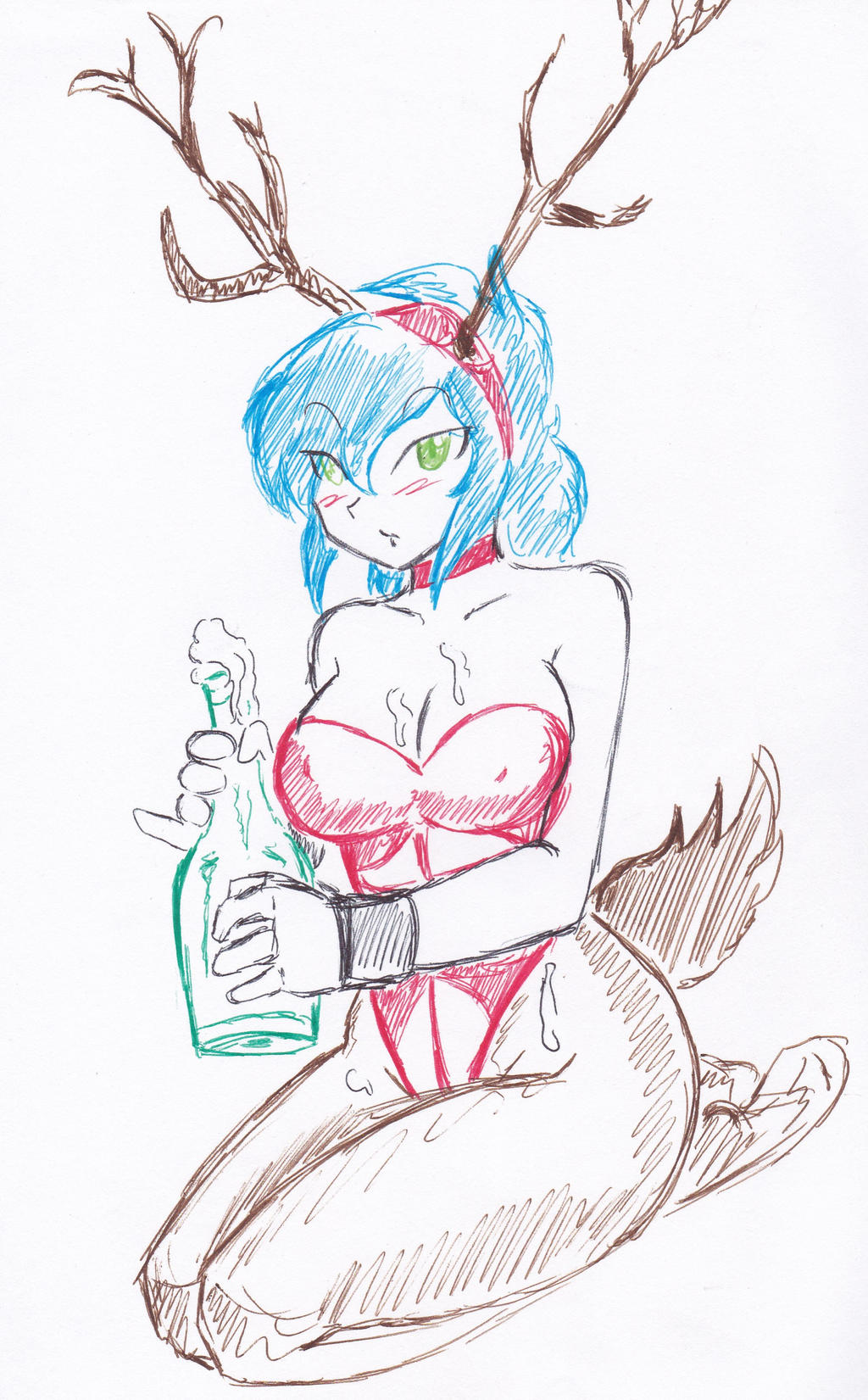 1girls antlers big_breasts blue_hair blush bottle champagne cleavage collar deer_tail green_eyes hairband kappa_mikey mitsuki_(kappa_mikey) nipple_bulge no_shoes on_knees orochivan pen_(artwork) solo_female stockings thick_thighs wet_body wet_clothes wide_hips wrist_cuffs