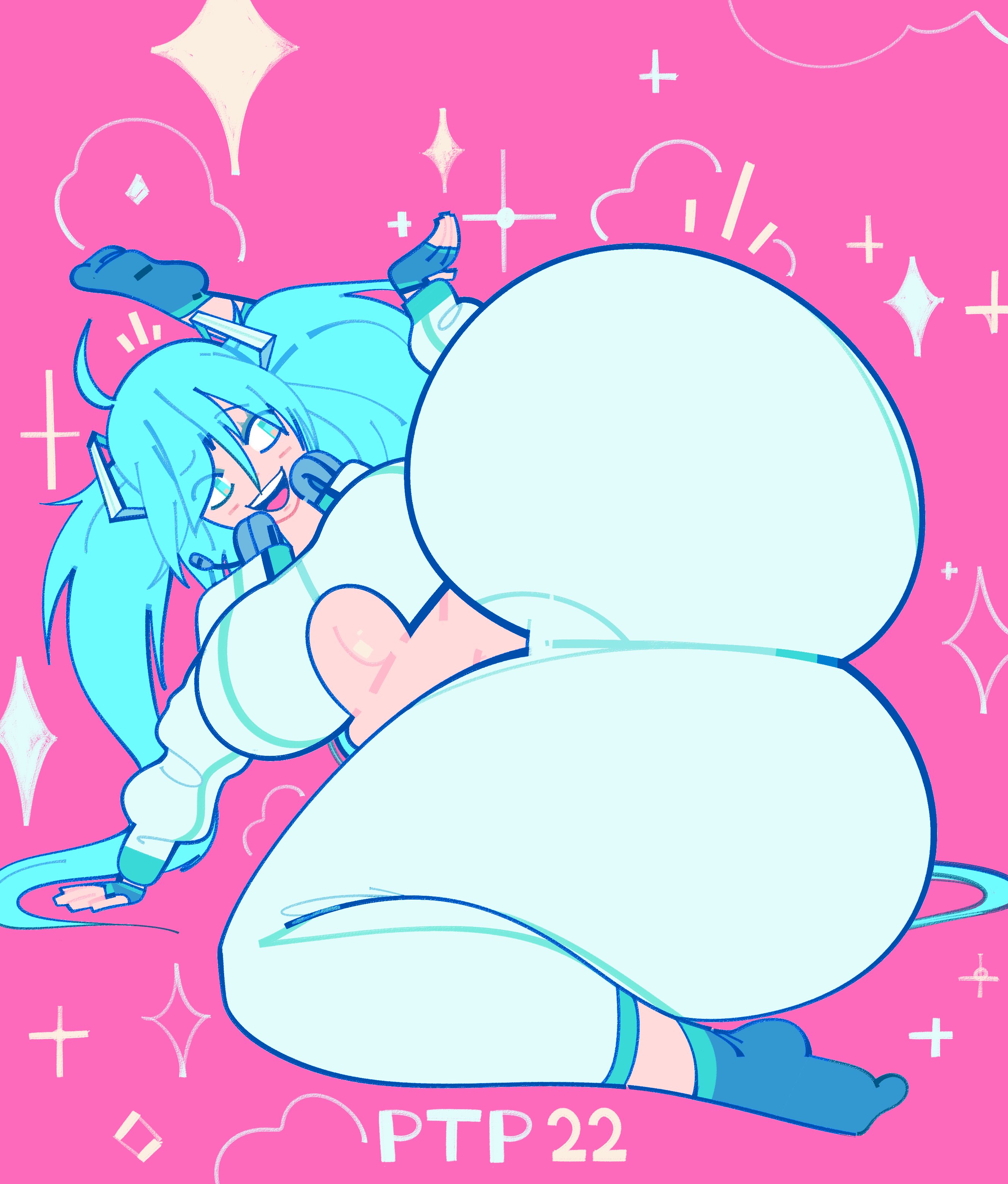 1girl, 1girls, ahoge, aqua eyes, aqua hair, ass, big ass, big breasts, big butt, blue eyes, blue hair, blue socks, bottom heavy, breasts, bubble ass, bubble butt, fat ass, female, female focus, female only, fingerless gloves, giant ass, gloves, hatsune miku, headphones, huge ass, huge breasts, huge butt, hyper, hyper ass, large breasts, laying down, laying on side, leg up, long hair, massive ass, navel, open mouth, pink background, plump, puntthepoodle, round ass, smile, socks, solo, sparkle, t-square position, thick ass, thick thighs, tight clothing, tight pants, twintails, underboob, very long hair, vocaloid, wide hips