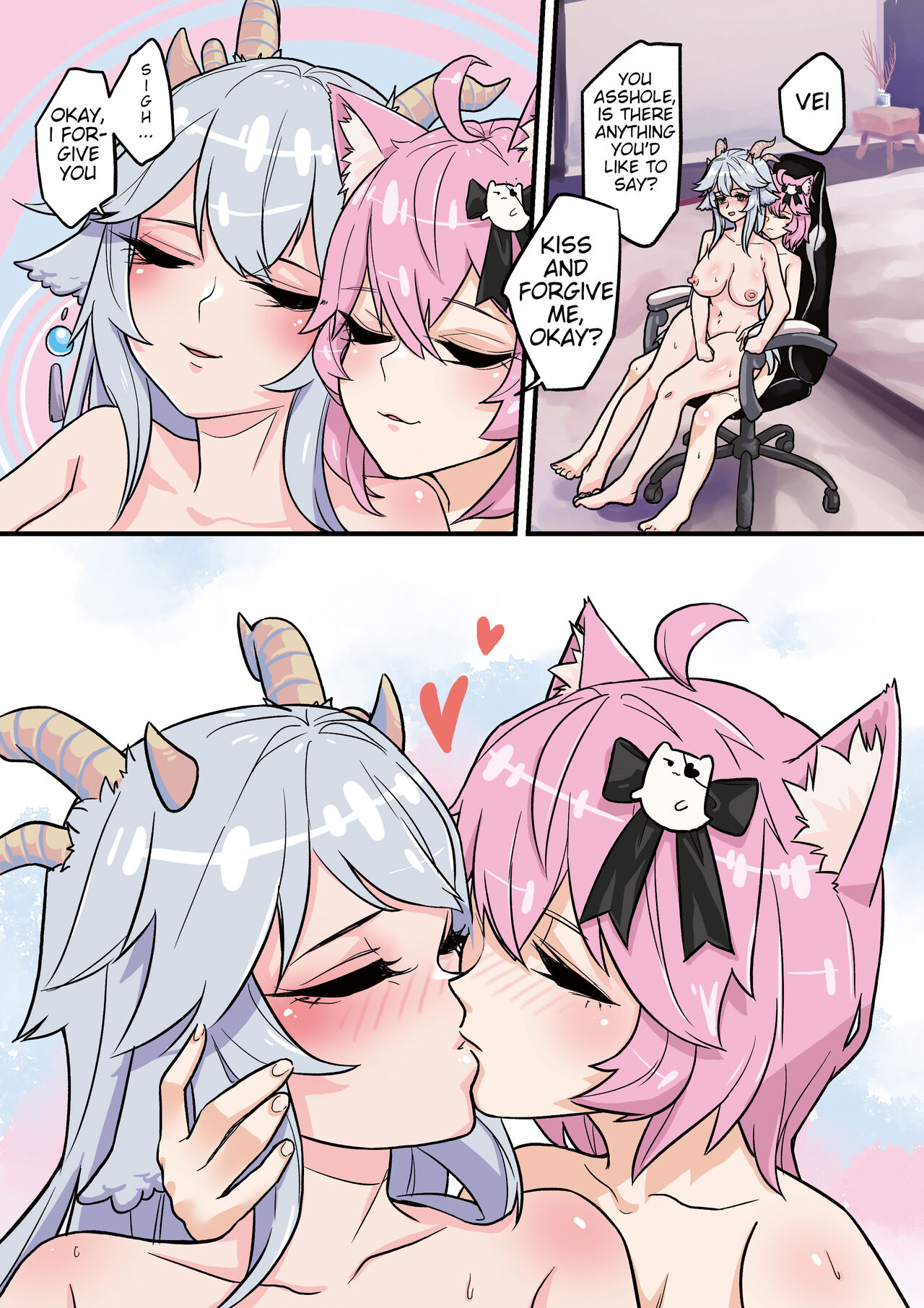 1futa, 1girls, after sex, animal ears, animal genitalia, areolae, blush, breasts, cat ears, cat tail, clothed, clothing, comic, dialogue, dragon girl, english text, erection, feline penis, female, futa on female, futanari, humanoid, humanoid penis, intersex, kemonomimi, kissing, large breasts, light skin, light-skinned female, light-skinned futa, nekomimi, nipples, nyatasha nyanners, partially clothed, penis, pink eyes, pink hair, salmontofu, sitting on chair, sitting on lap, sitting on person, small breasts, speech bubble, streamer, streaming, text, translated, twitch, twitch.tv, veibae, virtual youtuber, vshojo, white hair, yellow eyes