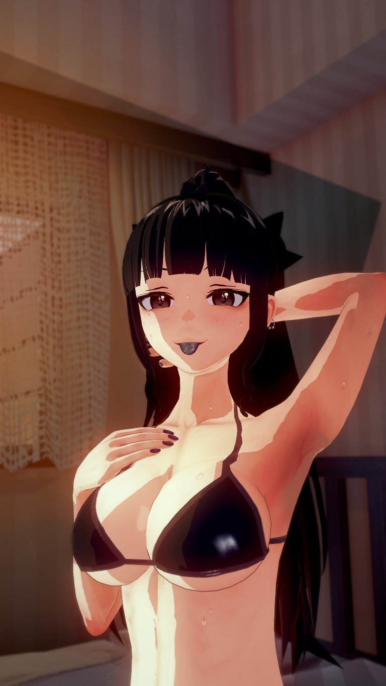 1girls 3d artemis_of_the_blue atelier_live bikini black_bikini black_eyes black_hair black_nails colored_tongue earrings indie_virtual_youtuber koikatsu long_hair shark_girl solo solo_female sweat tongue_out trulysuspended_(twitter) upper_body virtual_youtuber wet white_skin