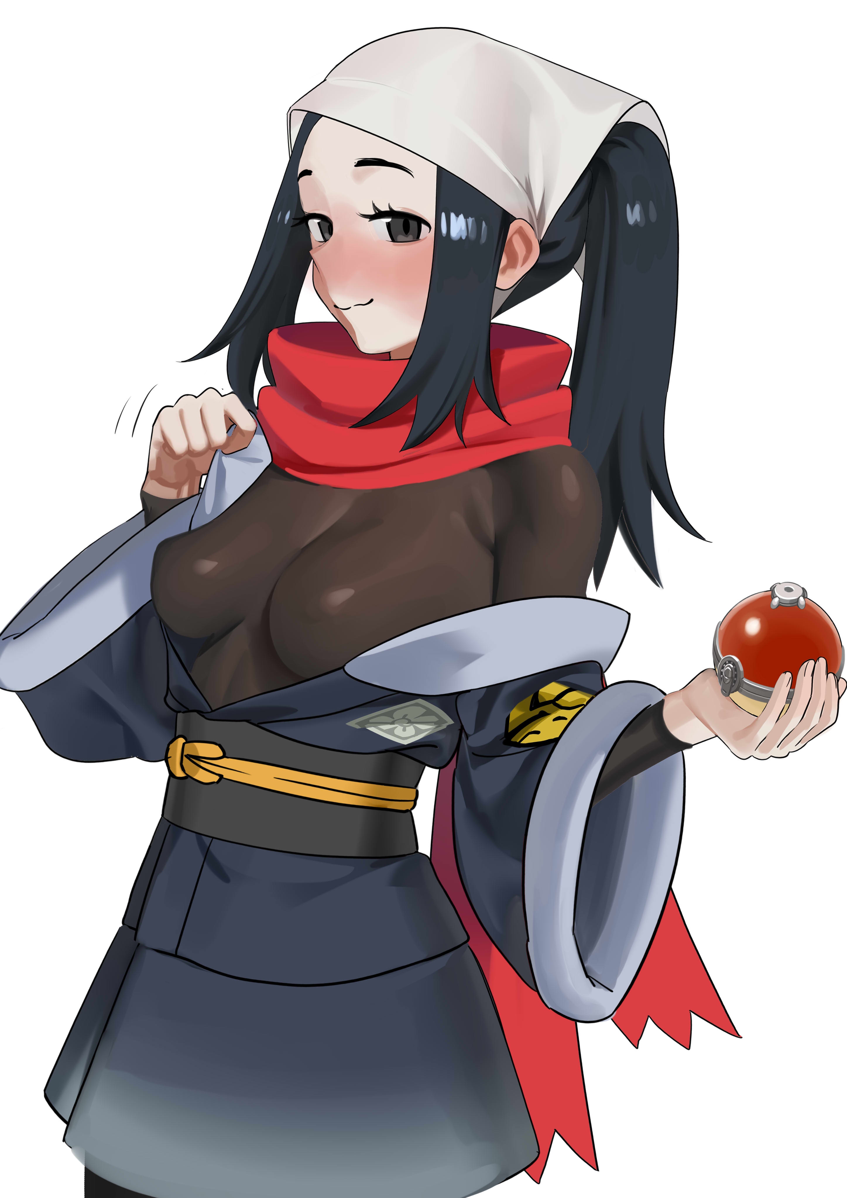1girls, akari (pokemon), blue eyes, blue hair, blush, breasts, eye contact, female, long hair, looking at viewer, nia (nia4294), nia4294, nintendo, nipple bulge, pokemon, pokemon legends: arceus, smile, solo, tight clothing