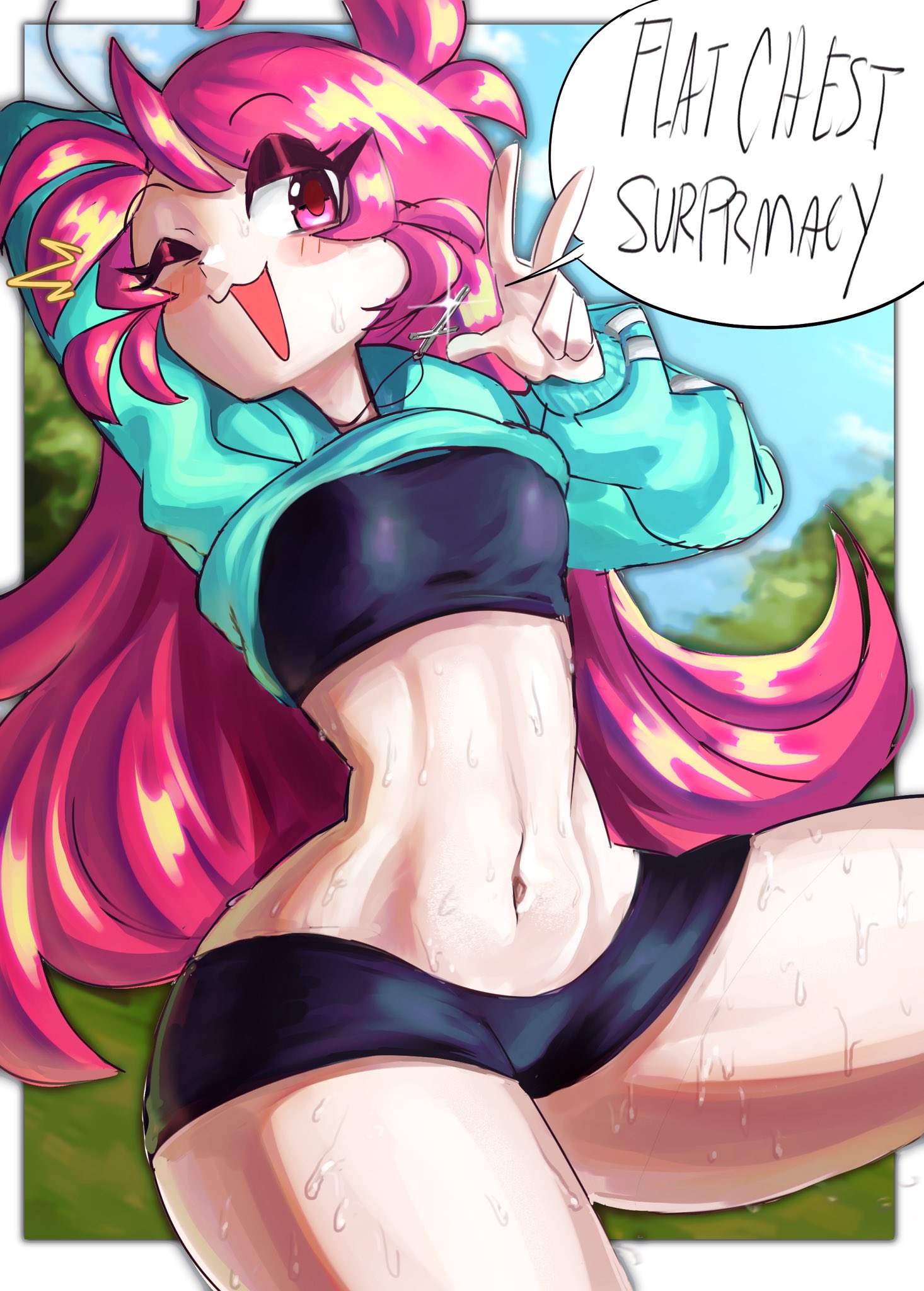 :3, breasts, female, lee (secretnarcissist), midriff, panties, secretnarcissist, small breasts, smug, sport shorts, sweat, sweatdrop, sweating, sweaty body, sweaty thighs, thick thighs, thighs, tummy, voluptuous female