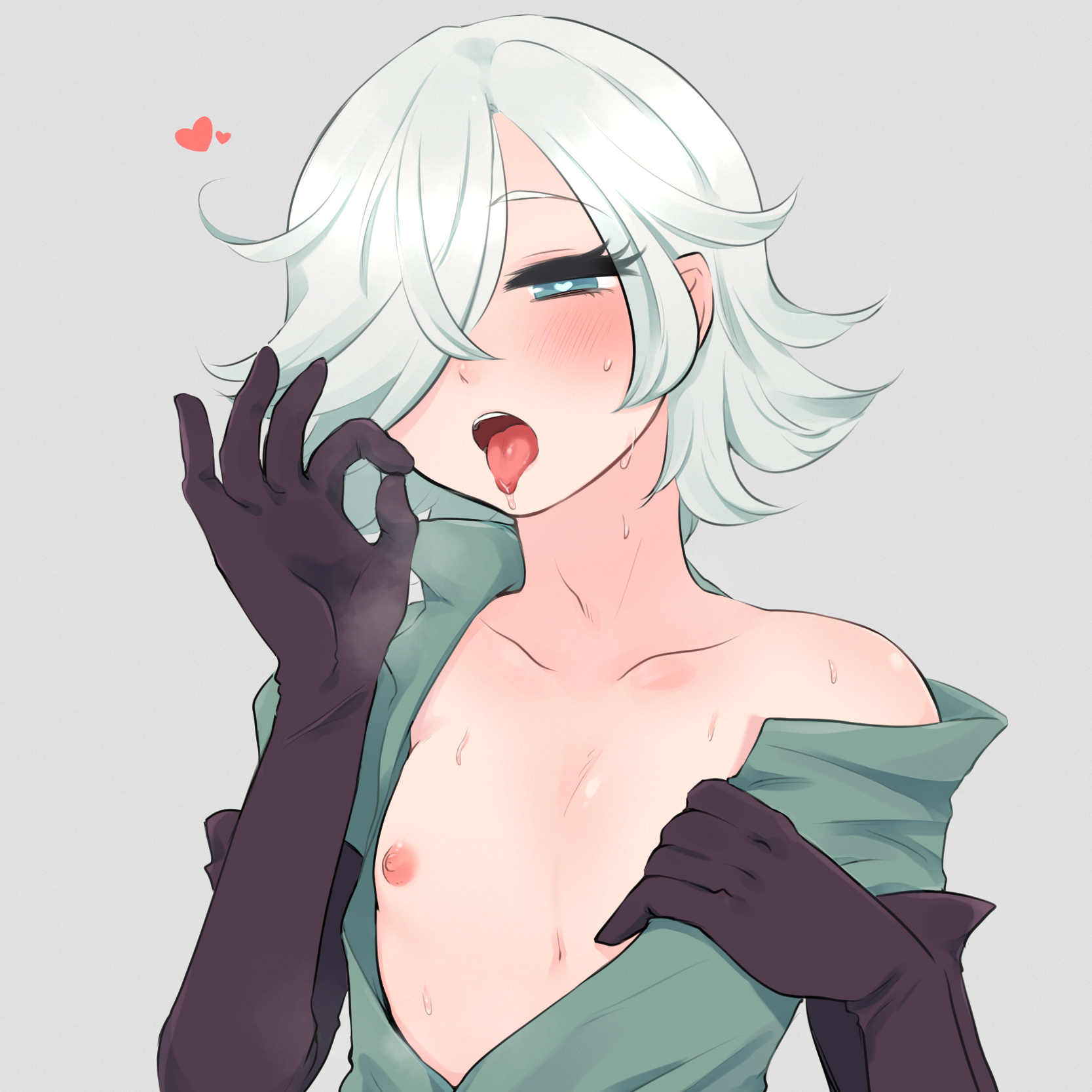 1boy, androgynous, black gloves, blue eyes, breathing, clover cookie, cookie run, fellatio gesture, femboy, grey background, hair over one eye, heart, heart-shaped pupils, humanized, male, male only, nipples, niwa827, partially clothed, removing clothing, saliva, solo, sweat, sweatdrop, taking clothes off, tongue, tongue out, visible breath, white hair