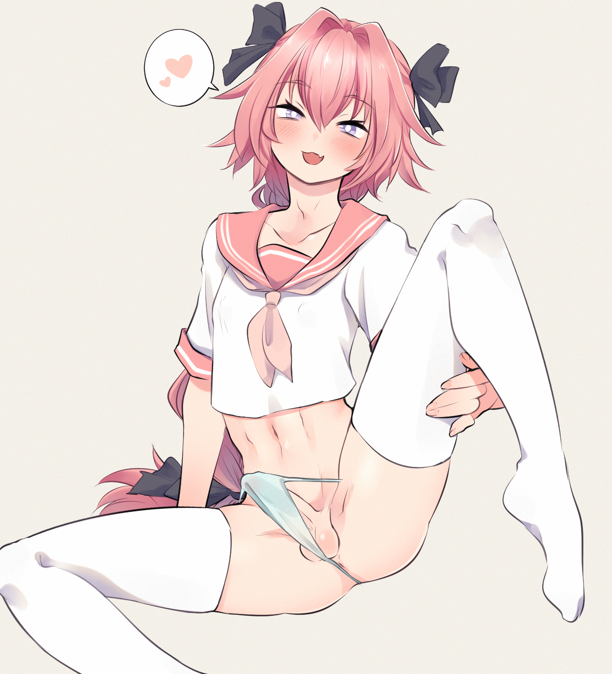 1boy, 2021, 5 fingers, anus, ass, astolfo (fate), balls, barely visible anus, blush, clothing, collarbone, crossdressing, erection, erection in panties, erection under clothes, eyebrows, eyebrows visible through hair, fate (series), fate/grand order, femboy, feminine male, fingers, front view, girly, hairbow, hand on thigh, heart, legs up, legwear, looking at viewer, male, male only, midriff, navel, nipple bulge, niwa827, open mouth, panties, penis, pink hair, ponytail, presenting, purple eyes, simple background, sitting, speech bubble, spread legs, stockings, testicles, thick penis, thick thighs, thighhighs, thighs, tied hair, topwear, white background, white legwear, white panties, white stockings, white thighhighs
