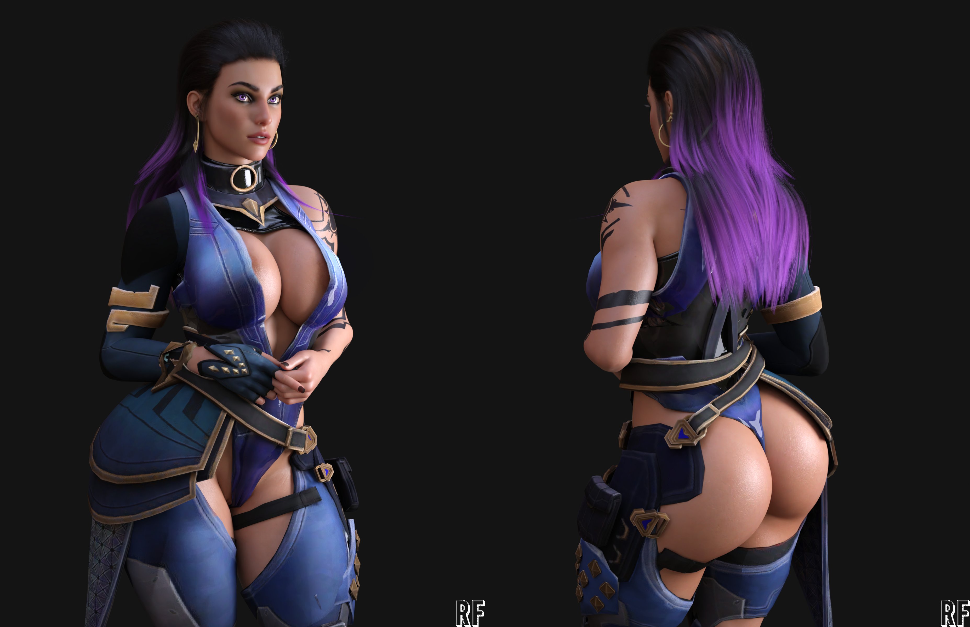 1girls, 3d, absurd res, ass, black hair, breasts, cleavage, female, female only, hi res, large breasts, multicolored hair, purple eyes, purple hair, reyna (valorant), rude frog, solo, valorant