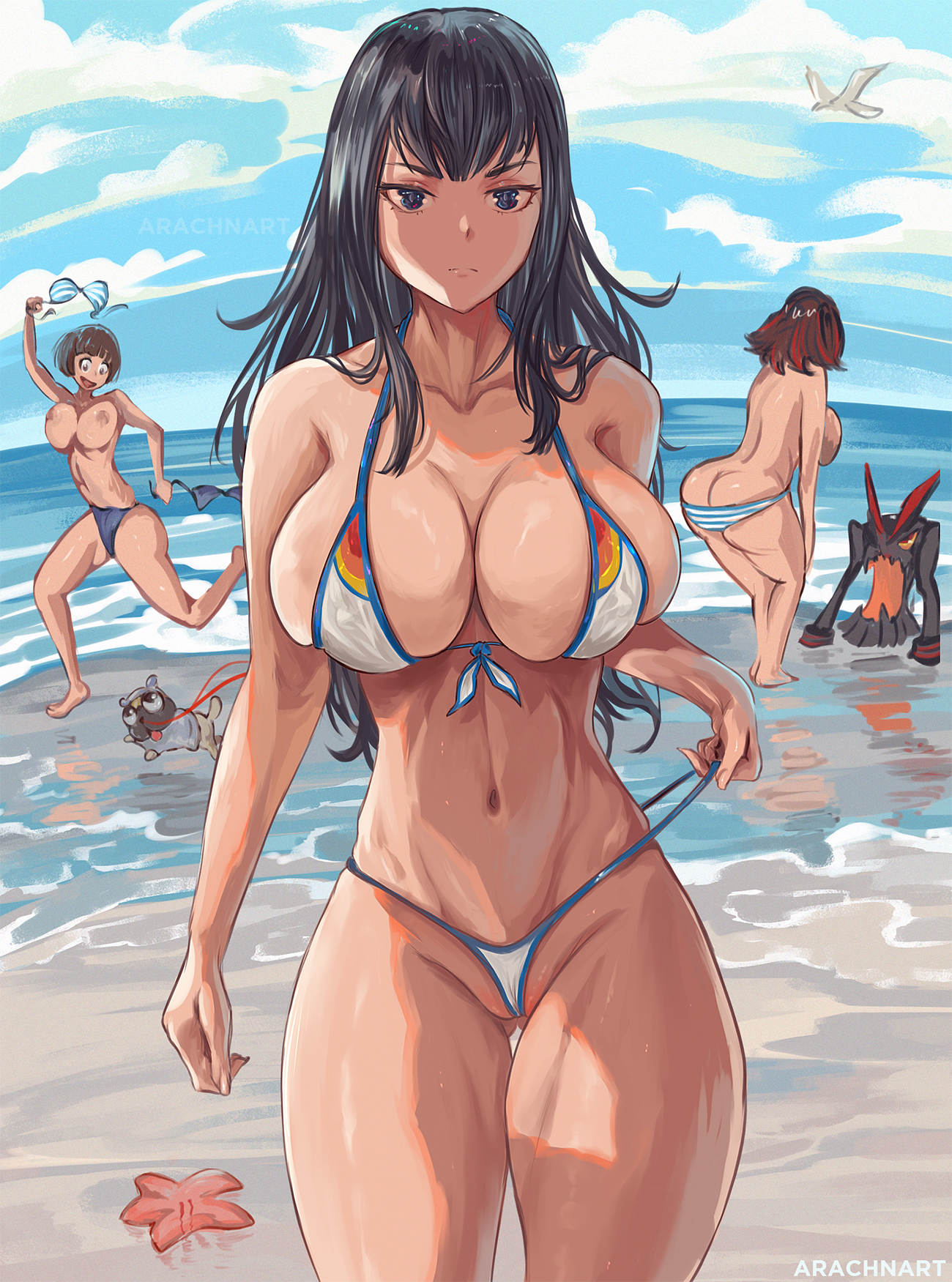 2022, 3girls, arachnart, ass, beach, between labia, bikini, black hair, black-haired female, blue eyes, breasts, brown hair, brown-haired female, character in background, female, female only, hi res, hips, huge breasts, kill la kill, kiryuuin satsuki, large ass, living clothes, long hair, looking at viewer, mankanshoku mako, matoi ryuuko, multiple females, multiple girls, outdoors, senketsu, slim waist, thick thighs, thigh gap, thighs, topless, topless female, white bikini, wide hips