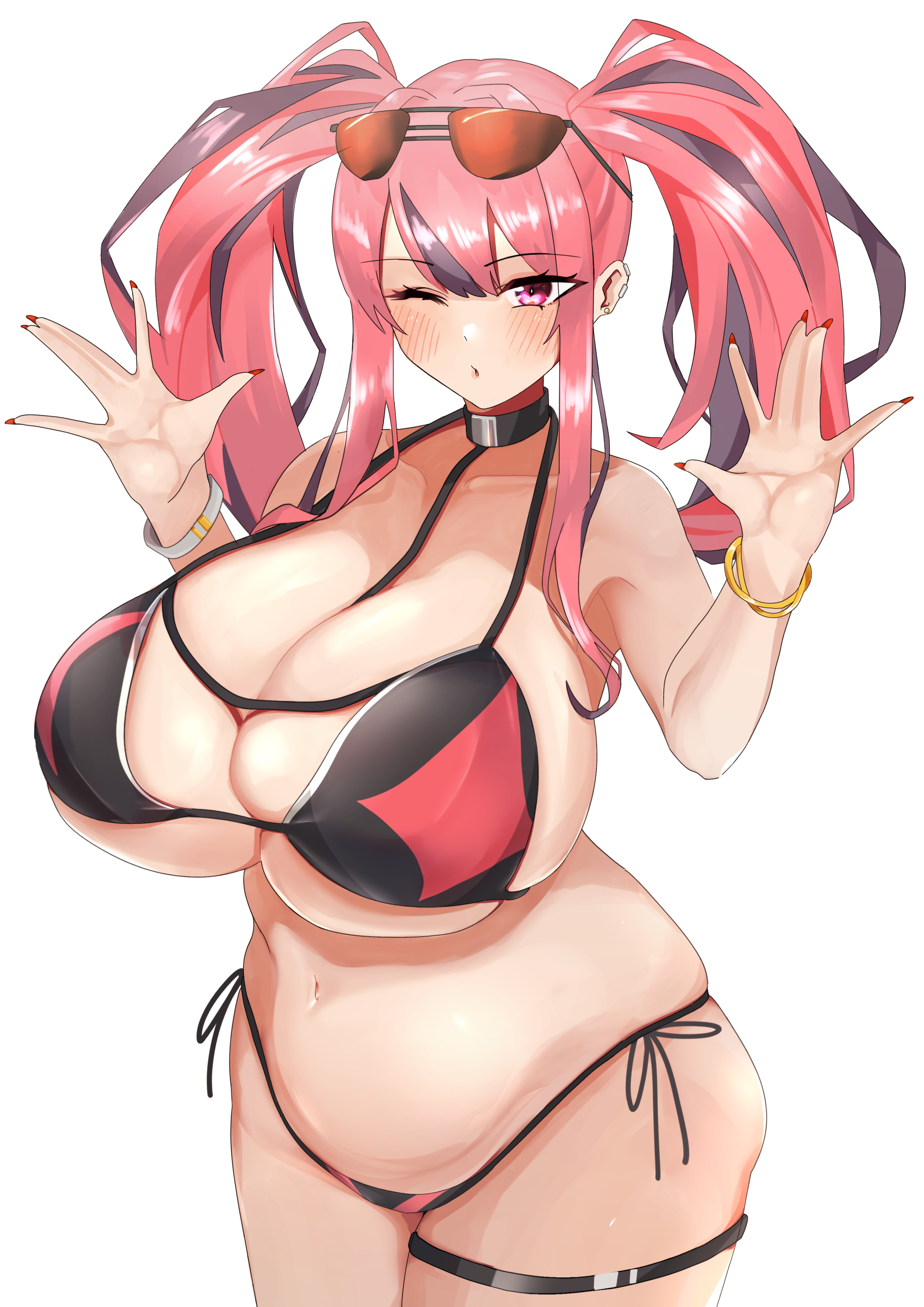 1girls, 2022, azur lane, bikini, blush, breasts, bremerton (azur lane), choker, cleavage, female, female only, hi res, hips, huge breasts, long hair, massive breasts, one eye closed, papipukepopo, pink eyes, pink hair, side-tie bikini, simple background, skindentation, sunglasses, sunglasses on head, thick thighs, thigh strap, thighs, twintails, white background, wide hips