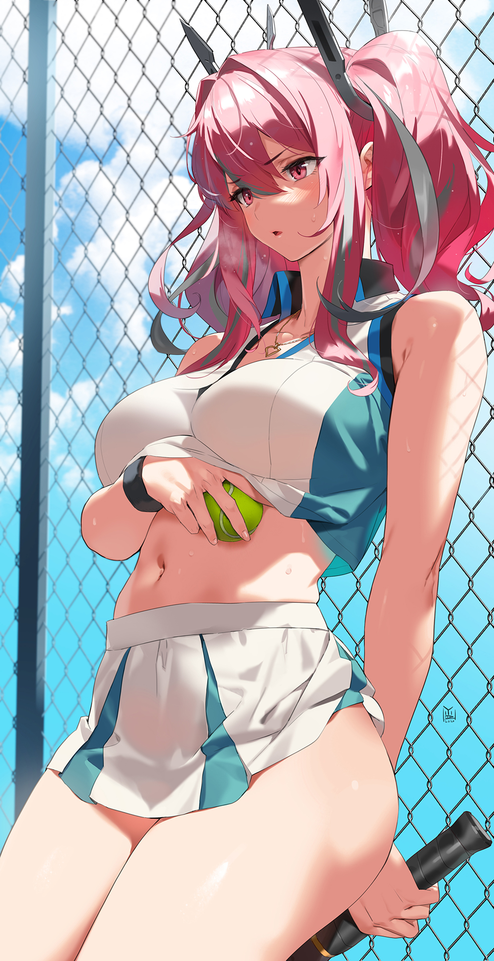 1girls arms_behind_back ass azur_lane ball bangs bare_shoulders blue_sky breath bremerton_(azur_lane) bremerton_(scorching-hot_training)_(azur_lane) chain-link_fence clothes_lift cloud collared_shirt commentary cowboy_shot crop_top crop_top_overhang day eyebrows_visible_through_hair female fence hair_between_eyes hair_ornament headgear heart heart_necklace highres holding holding_ball holding_racket jewelry leaning_back long_hair midriff multicolored_hair navel necklace open_mouth racket red_hair shirt skirt skirt_lift sky sleeveless sleeveless_shirt sportswear streaked_hair sweat tennis_ball tennis_racket tennis_uniform thick_thighs thighs twintails two-tone_shirt two-tone_skirt wristband x_hair_ornament yang-do yd_(orange_maru)