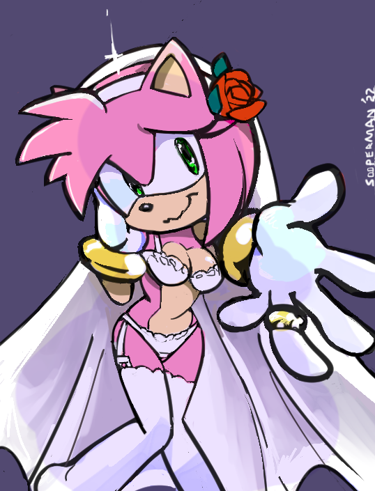 1girls amy_rose anthro bra bracelet breasts clothing female flower_in_hair furry garter_belt garter_straps gloves green_eyes headband hedgehog knees_together_feet_apart lingerie matching_underwear medium_breasts panties pink_fur ring sega short_hair sonic_(series) sooperman teenage_girl teenager thighhighs wedding_veil white_bra white_panties young