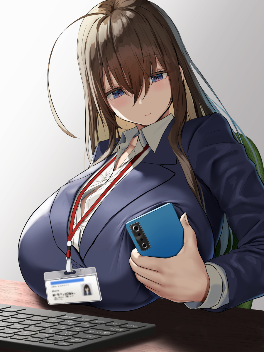 1girls, 2022, ahoge, artist signature, blue eyes, blush, breasts, breasts on table, brown hair, business woman, clothed, clothed female, desk, female, female only, holding object, huge breasts, indoors, long hair, massive breasts, name tag, oekakizuki, office lady, original, original character, phone, simple background