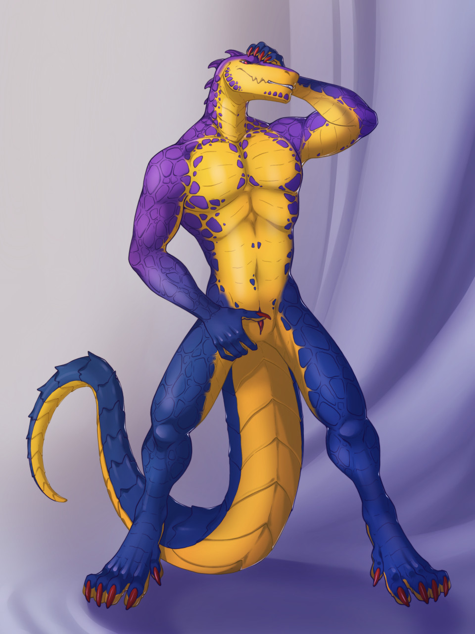 animal_genitalia anthro genital_slit genitals hi_res lizard lizardman male neverneverland pinup pose presenting reptile scales scalie slit solo spittor_(spittor) spread_slit teasing