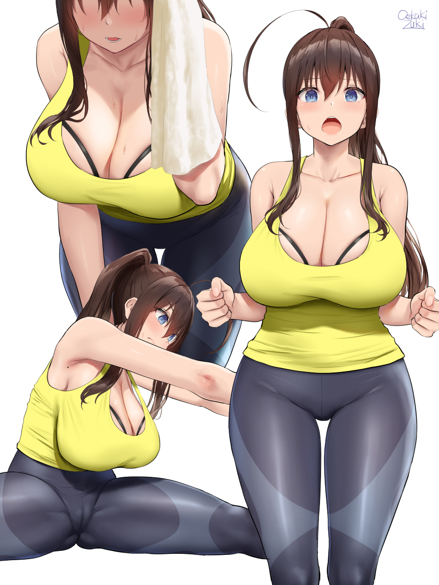 1girls, 2022, ahoge, artist signature, blue eyes, blush, breasts, brown hair, cleavage, female, female only, hips, huge breasts, long hair, looking at viewer, massive breasts, oekakizuki, open mouth, original, original character, simple background, slim waist, sportswear, sweat, sweaty body, thick thighs, thighs, wide hips, working out, workout clothes, yoga pants
