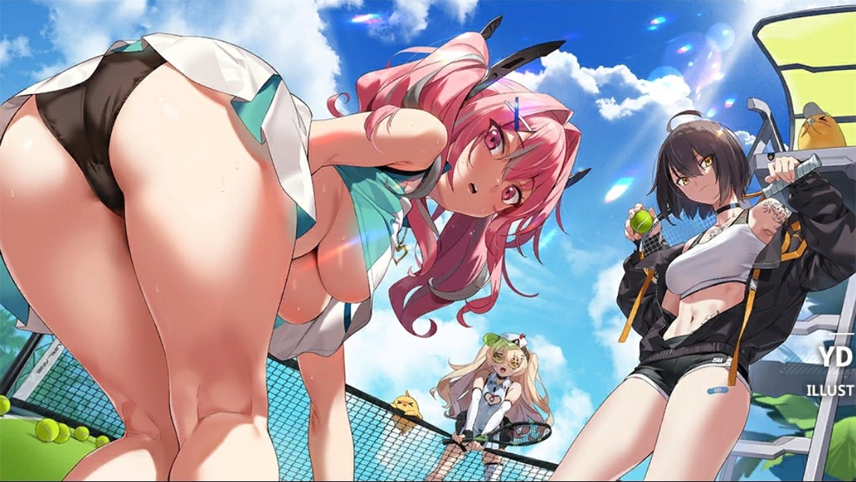 3girls ass azur_lane bache_(azur_lane) bache_(showy_sports_star)_(azur_lane) ball baltimore_(azur_lane) baltimore_(black_ace)_(azur_lane) bangs bare_shoulders black_panties blonde_hair blush breasts bremerton_(azur_lane) bremerton_(scorching-hot_training)_(azur_lane) crop_top detached_sleeves dolphin_shorts game_cg hair_between_eyes hair_ornament hairclip kneepits large_breasts long_hair looking_at_viewer manjuu_(azur_lane) multicolored_hair multiple_girls official_art open_mouth panties pink_eyes pink_hair pleated_skirt shirt shorts single_thighhigh skirt sleeveless sleeveless_shirt small_breasts sportswear streaked_hair tennis_ball tennis_dress tennis_uniform thighhighs third-party_source twintails two-tone_shirt two-tone_skirt underboob underwear very_long_hair visor_cap white_legwear x_hair_ornament yang-do yd_(orange_maru)