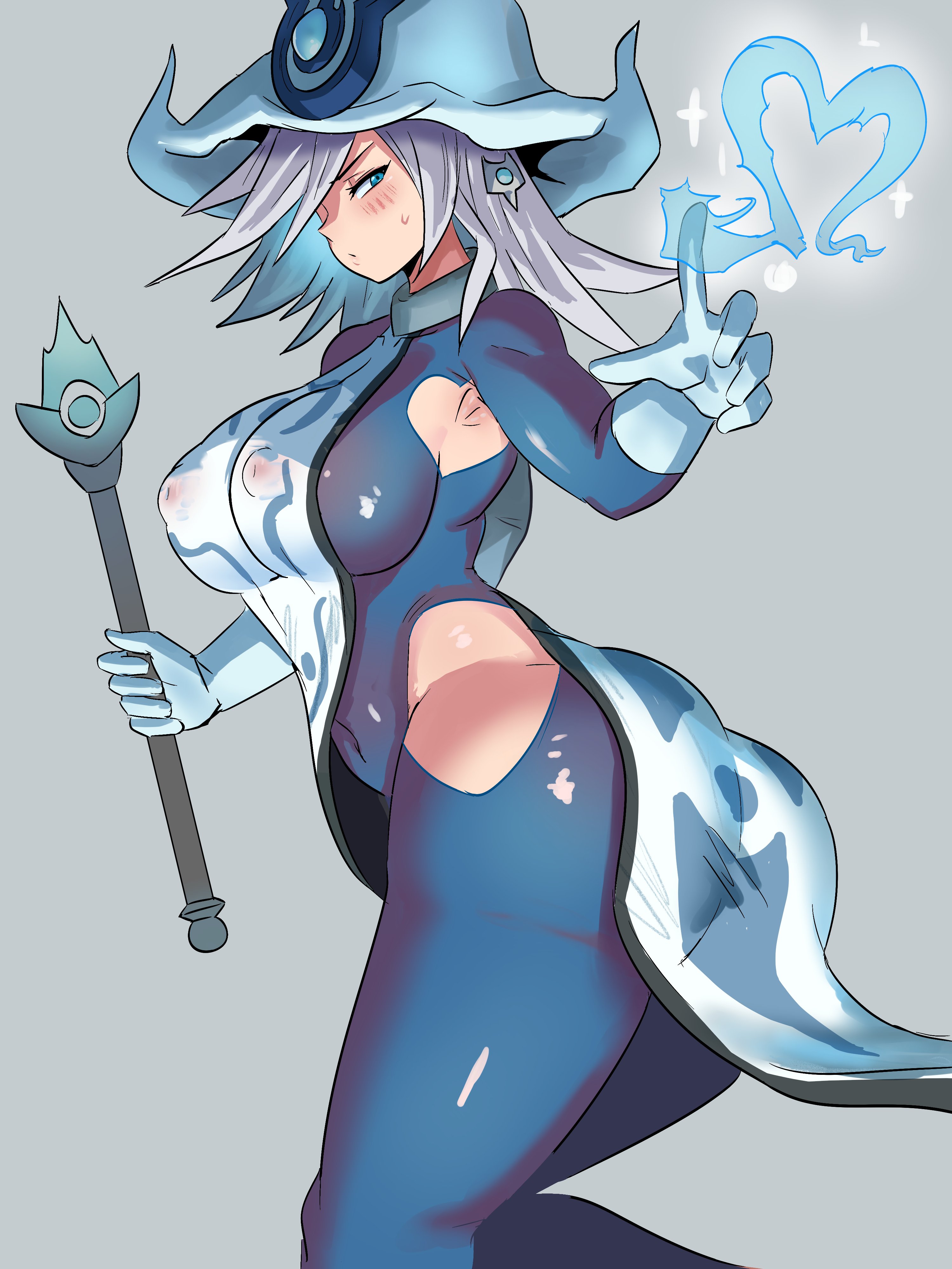 1girls, 2022, ass, blue clothing, blue eyes, bodystocking, breasts, bubble ass, bubble butt, erect nipples, female, female only, hair over one eye, hat, hi res, hips, holding object, large ass, large breasts, large hat, long hair, nipples, nipples visible through clothing, shounen jump, silent magician, simple background, slim waist, thick thighs, thighs, very high resolution, wide hips, ytrall, yu-gi-oh!