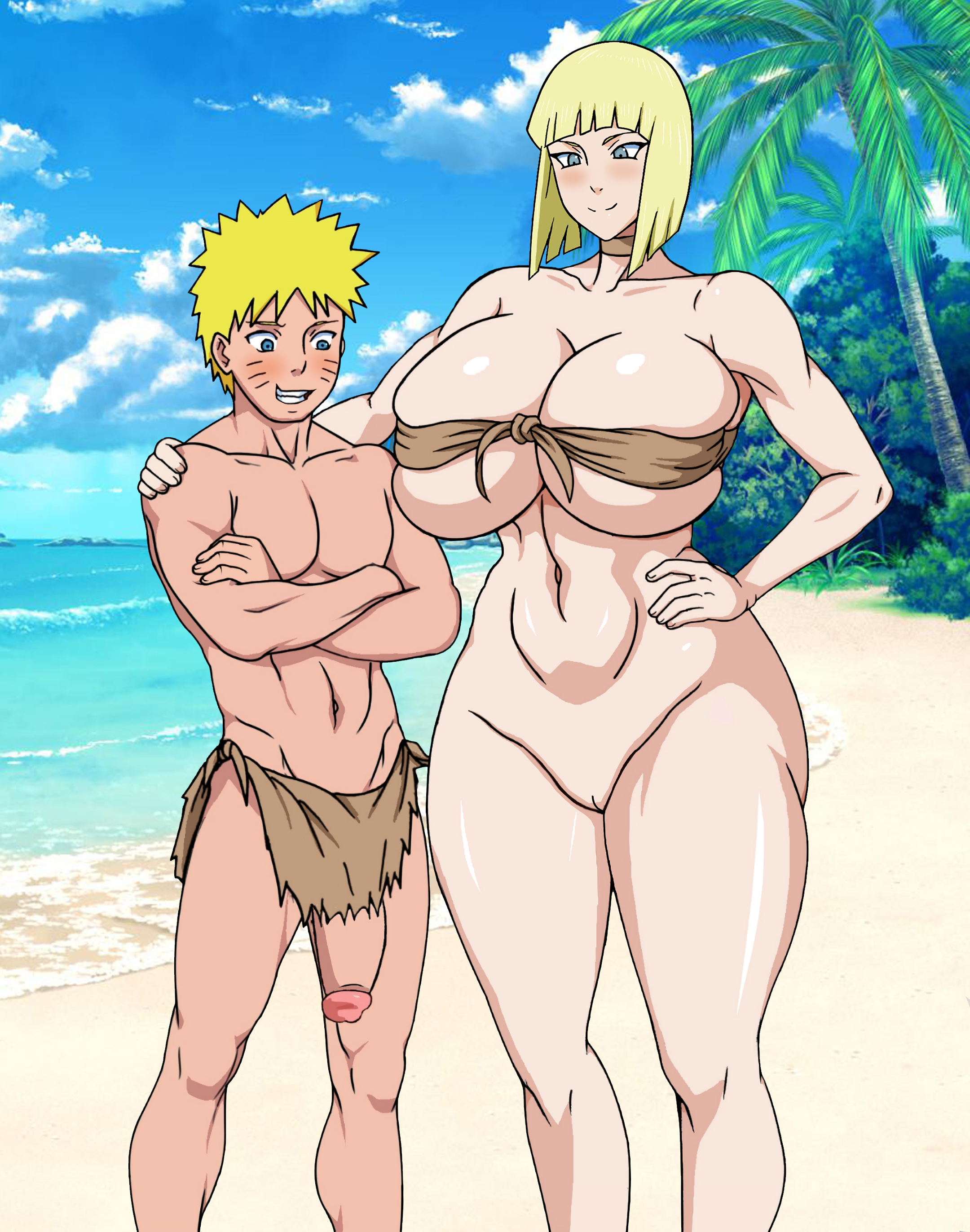1boy, 1girls, bare shoulders, beach, blonde hair, blue eyes, breasts, cleavage, clothing, clouds, crossed arms, curvaceous, curves, curvy female, curvy figure, decensored, erection, erection under clothes, feet out of frame, female, forehead mark, hand on another's shoulder, huge breasts, imminent sex, island, large breasts, loincloth, long hair, looking at another, male, mature, mature female, milf, naruho, naruto, naruto (series), naruto shippuden, ocean, older female and younger male, outdoors, palm tree, penis, samui, sand, short hair, sky, smaller male, spiky hair, standing, straight, tree, uncensored, uzumaki naruto, whisker markings