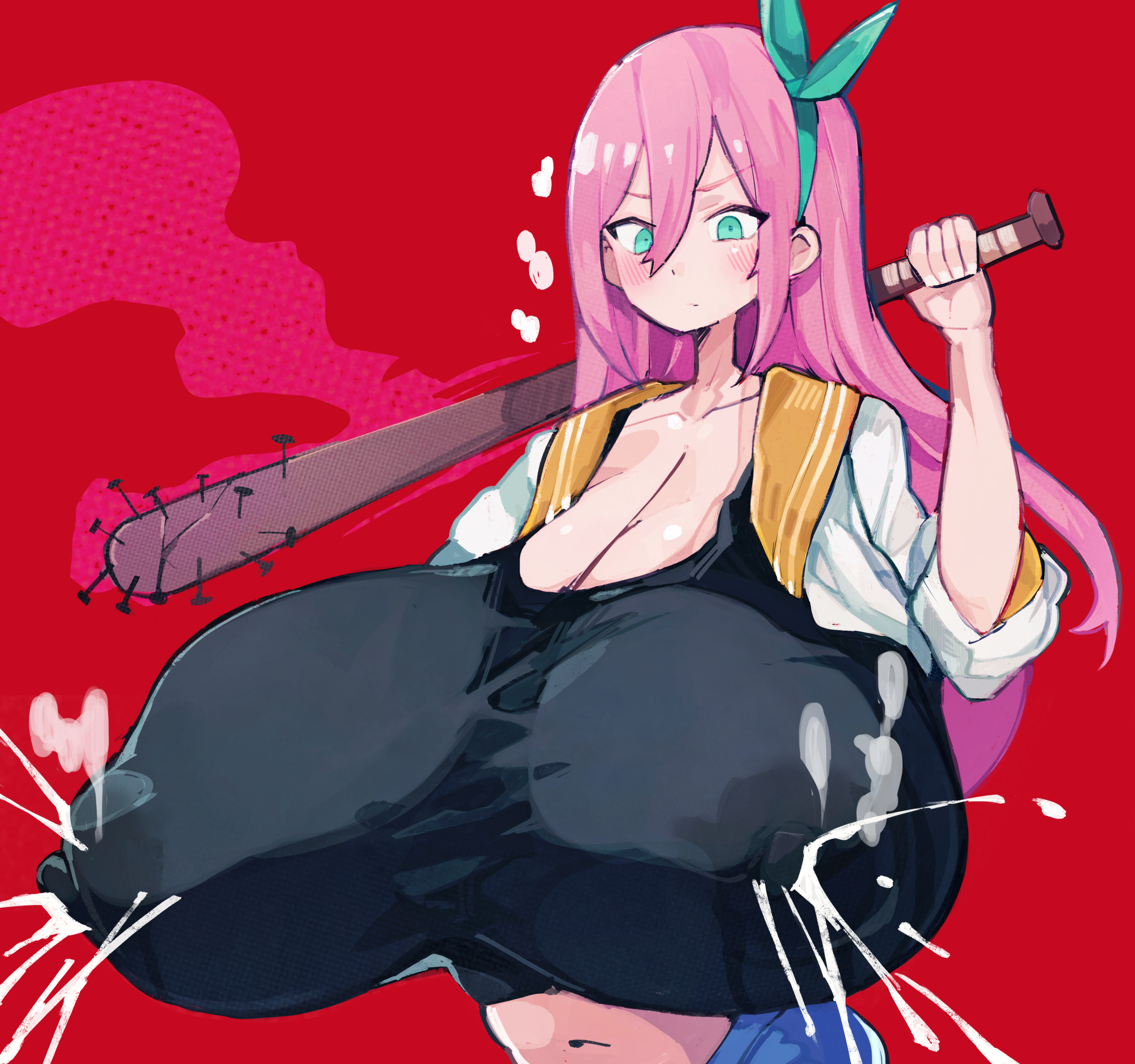 1girls, alternate breast size, aubrey (omori), bat, blush, breasts, cleavage, female, huge breasts, kemomoz, lactation, lactation through clothes, nipple bulge, nipples visible through clothing, omori, pink hair, solo, tagme