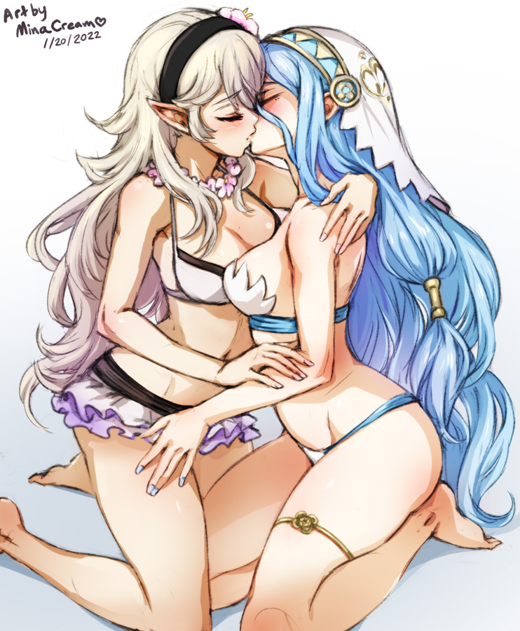 2girls, alternate costume, alternate version available, azura (fire emblem), back, bare back, bare legs, bare thighs, barefoot, bikini, bikini skirt, blue hair, blue nails, breasts, closed eyes, corrin (fire emblem), corrin (fire emblem) (female), cousins, female, female only, fire emblem, fire emblem fates, fire emblem heroes, flower, flower necklace, grey hair, hair between eyes, hair flower, hairband, hug, incest, kissing, kneeling, light blue hair, minacream, multiple females, multiple girls, nail polish, nintendo, official alternate costume, pointy ears, small breasts, swimsuit, thighs, very long hair, white bikini, white hair, white swimsuit, yuri