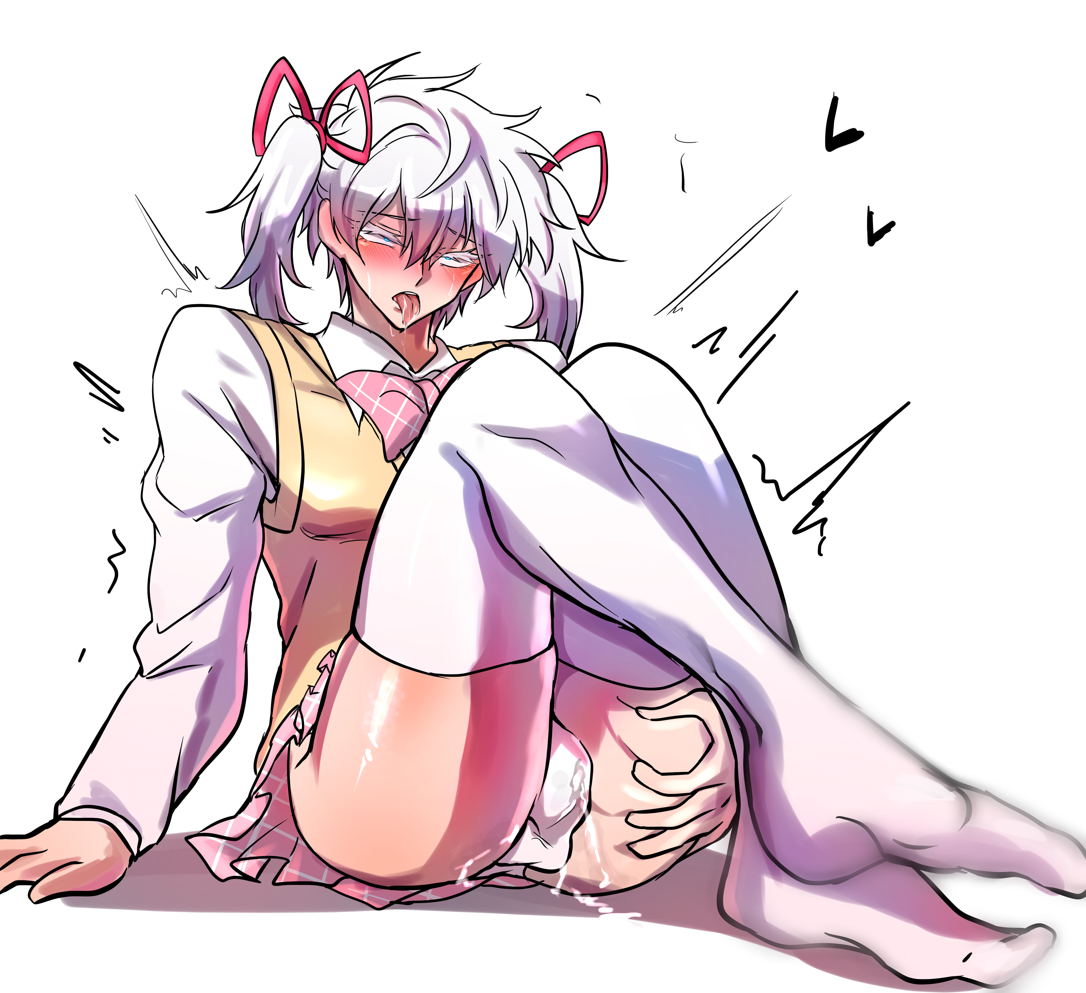 1boy, ahe gao, ahoge, clothed, clothing, crossdresser, crossdressing, crossdressing male, cum drip, cum in panties, cumming, erection, erection under clothes, erection under skirt, fellatio, femboy, feminine male, feminization, gay, jujutsu kaisen, male, male only, orgasm, panties, pigtails, pretty boy, satoru gojo, shaking, shaking orgasm, sissy, solo, solo focus, solo male, stockings, submissive, submissive male, tongue, tongue out, white background, white hair, yaoi