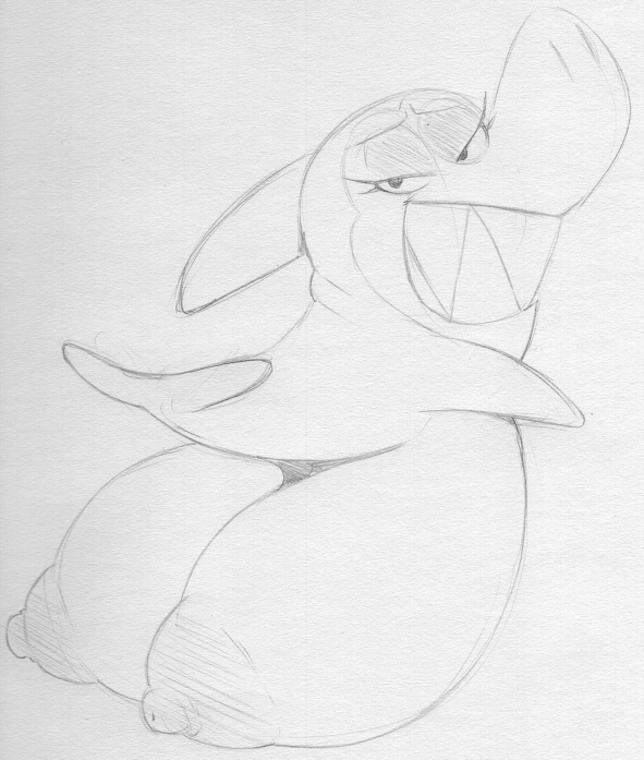 big_nipples breasts eyelashes female fin fish grin half-closed_eyes hanna-barbera jabberjaw jabberjaw_(character) jellystone_(hbo_max) looking_back marine monochrome narrowed_eyes nipples non-mammal_breasts raised_tail sbshouseofpancakes semi-anthro shark sharp_teeth smile teeth