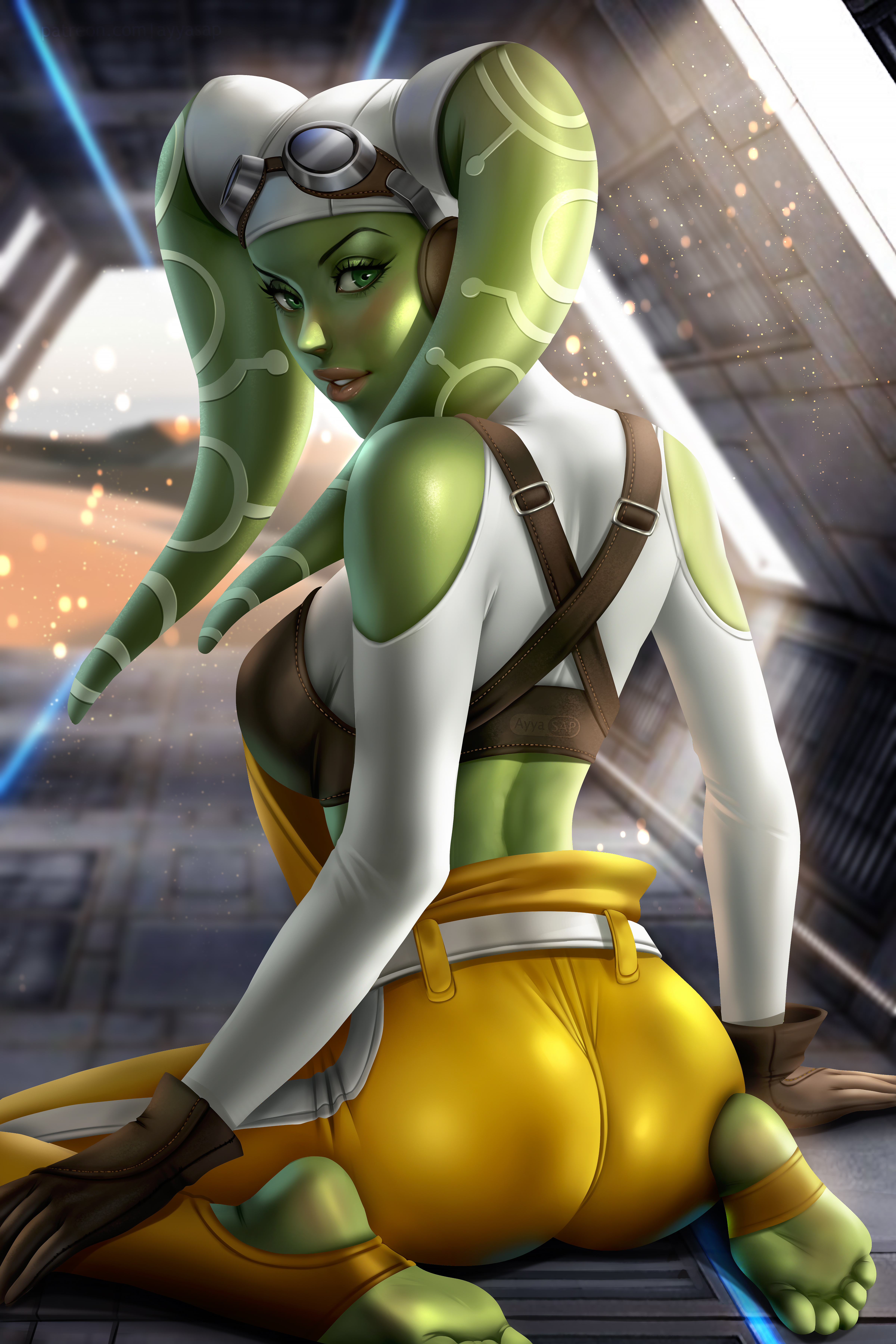 1girls, alien girl, ass, athletic, athletic female, ayyasap, backboob, barefoot, big ass, breasts, bubble ass, bubble butt, curvy, detailed background, disney xd, feet, female, female only, green skin, hera syndulla, hi res, large ass, large breasts, looking at viewer, looking back, lucasfilm, sideboob, smile, soles, solo, star wars, star wars rebels, twi'lek, voluptuous