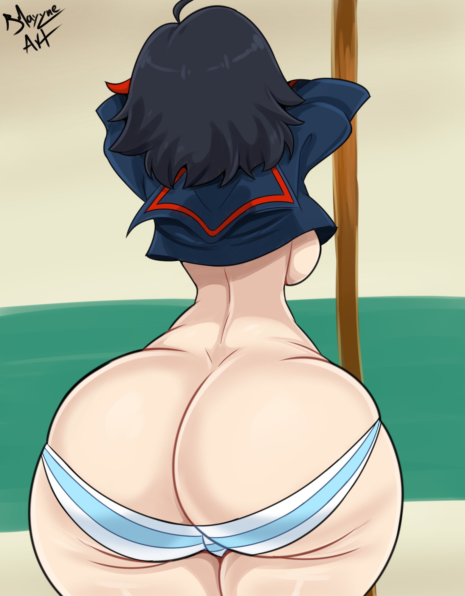 1girls, ass, ass cleavage, ass crack, back view, big ass, big butt, blue and white striped panties, bmayneart, bottom heavy, bubble ass, bubble butt, butt crack, canon panties, curvy, fat ass, female, female only, huge ass, huge butt, kill la kill, large ass, matoi ryuuko, meme, narrow shoulders, panties, pear shaped, petite, red highlights, ryukoredraw, shimapan, solo, solo female, thick, thick ass, thin waist, undressing, voluptuous, wide hips