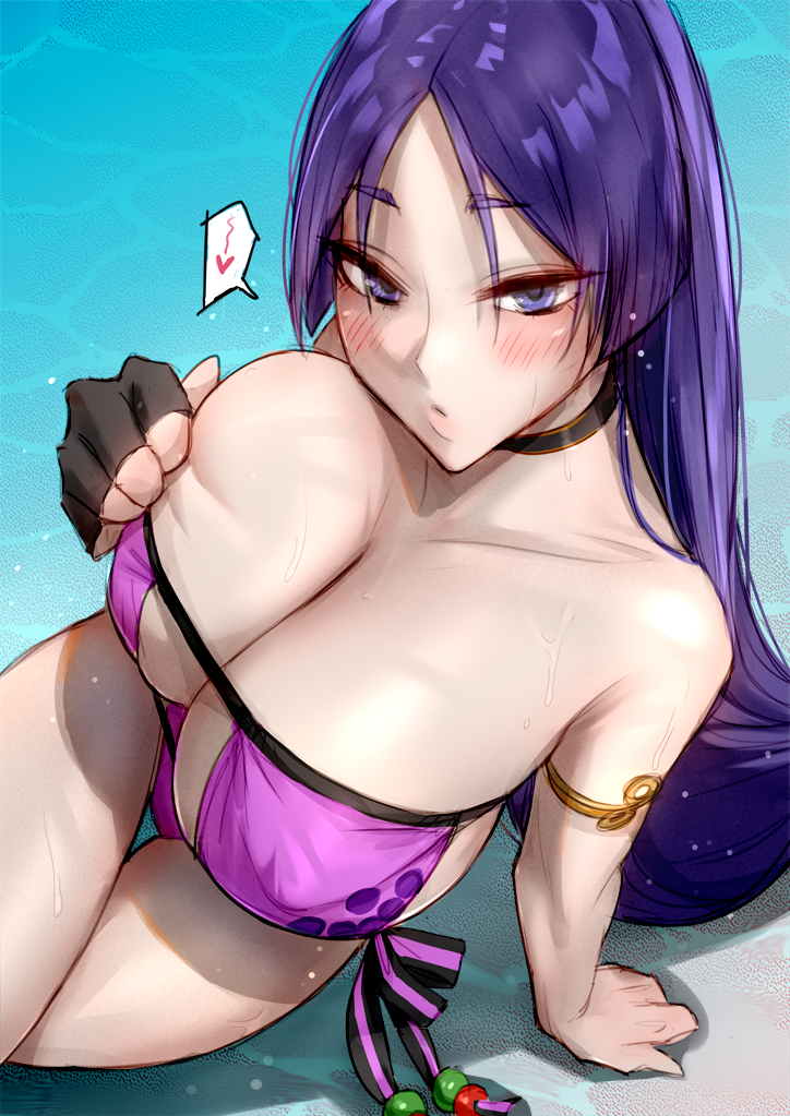 arm support, bare shoulders, big breasts, bikini, bikini top, blush, blush lines, breasts, choker, cleavage, collarbone, covered nipples, eyebrows, eyelashes, eyepatch bikini, fate (series), fate/grand order, female, kohakv, long hair, looking at viewer, minamoto no raikou (fate/grand order), nipple bulge, purple eyes, purple hair, sitting, sweatdrop, thighs, water