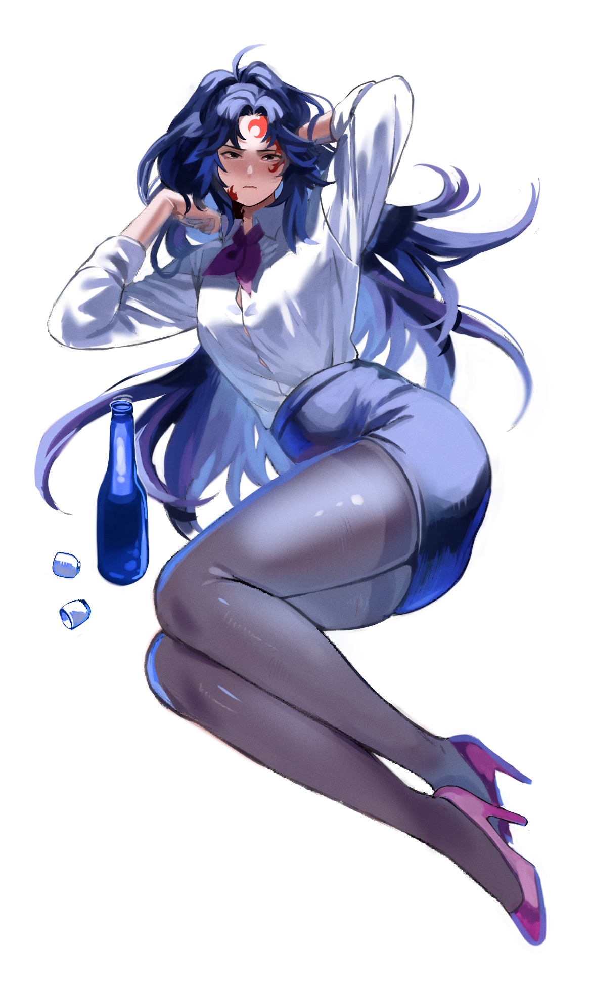 alcohol, alternate costume, blouse, blue hair, blush, business woman, demon slayer, drunk, facial markings, female, female only, frown, full body, fully clothed, genderswap, genderswap (mtf), high heels, jie, kimetsu no yaiba, long hair, looking at viewer, michikatsu tsugikuni, miniskirt, office lady, on side, pantyhose, pencil skirt, ponytail, reclining, rule 63, solo, teacher, thighband pantyhose