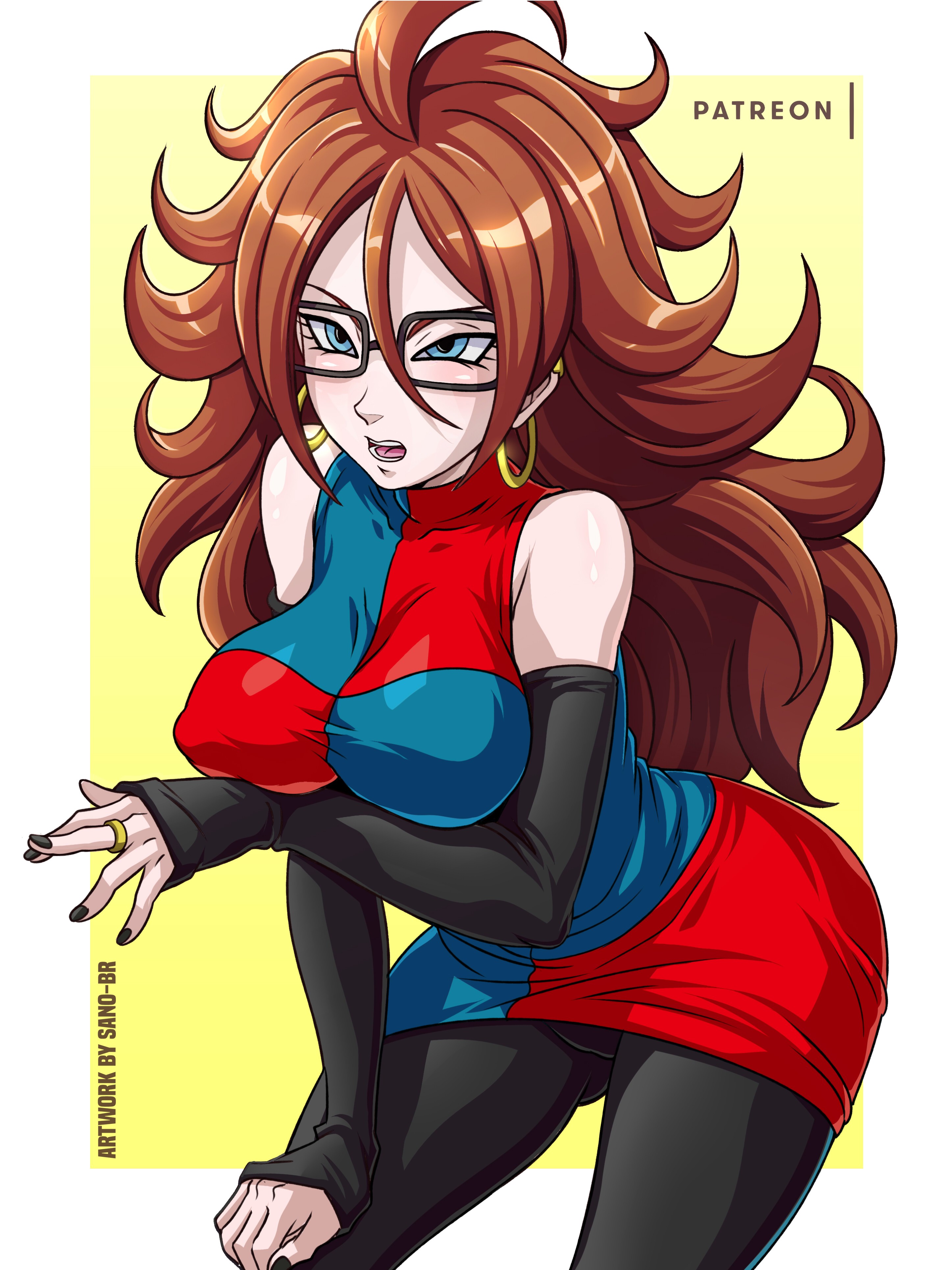 1girls, android 21, android 21 (human), dragon ball, dragon ball fighterz, dragon ball super, dress, female, glasses, hand on knee, milf, nipples visible through clothing, sano-br, solo, solo female, tagme, vomi (dragon ball)