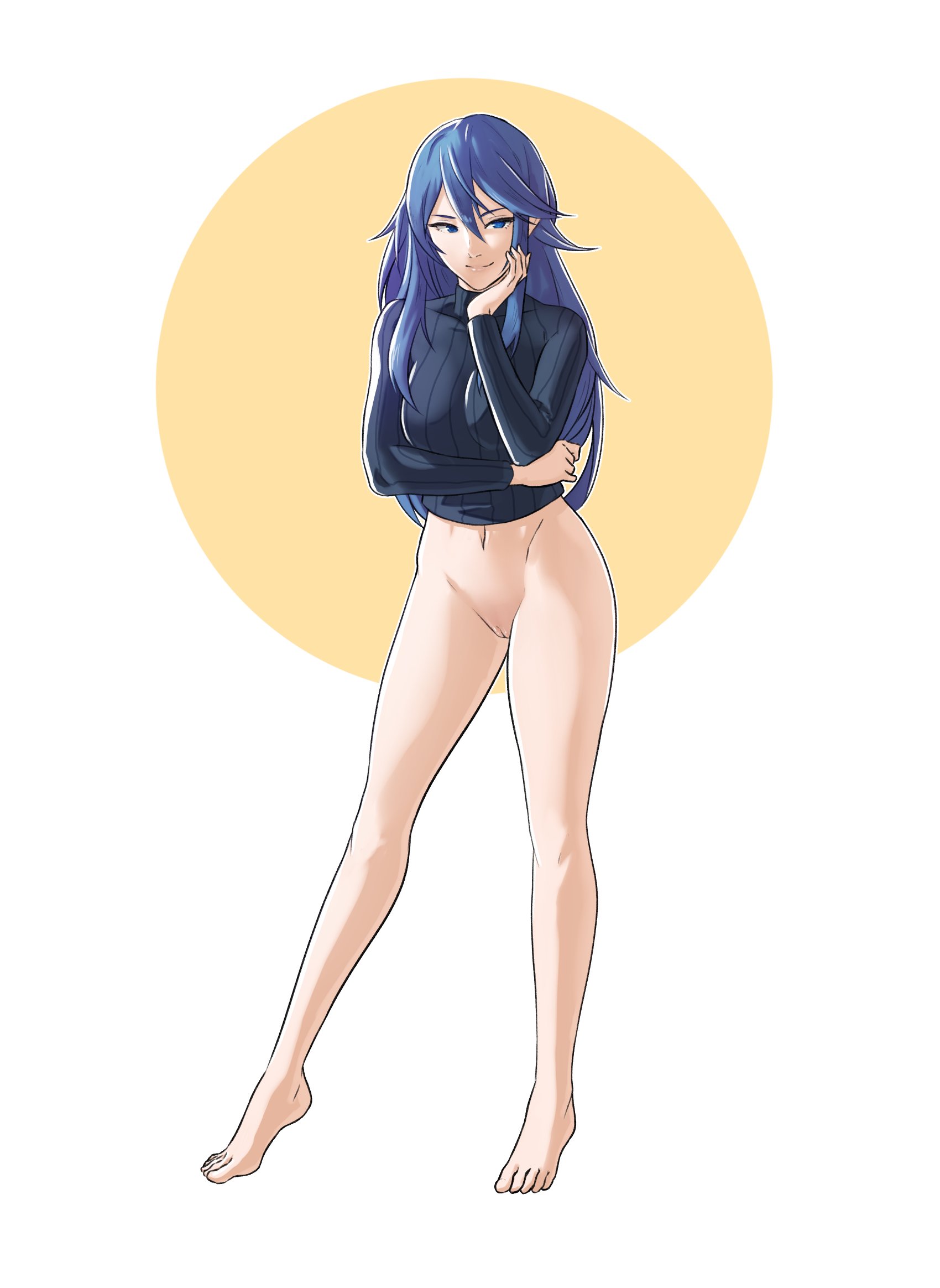 1girls, bare legs, barefoot, blue eyes, blue hair, bottomless, female, female only, fire emblem, fire emblem awakening, hair between eyes, long hair, looking at viewer, lucina (fire emblem), nintendo, pomelomelon, pussy, smile, sweater, symbol-shaped pupils, tiara, uncensored