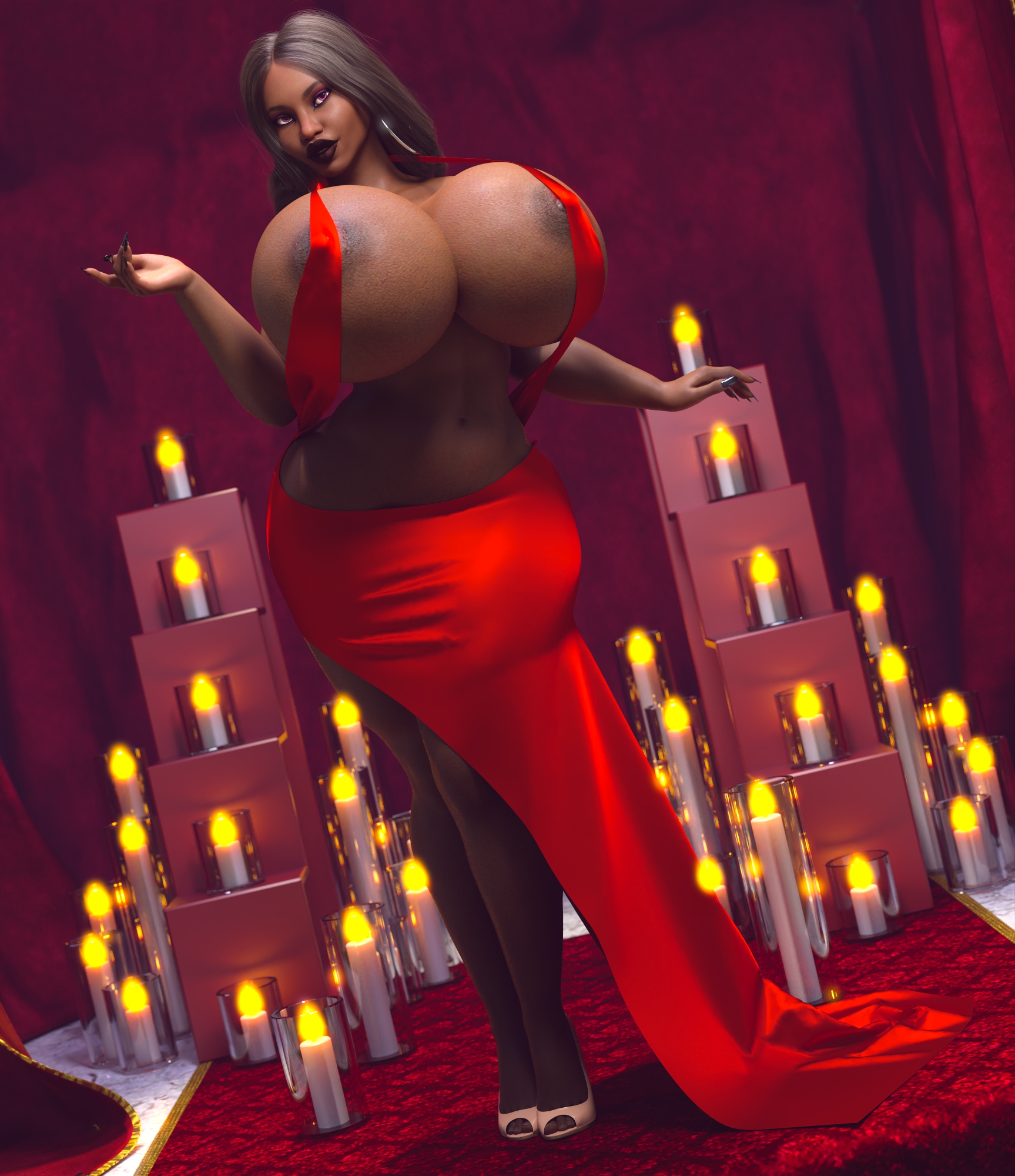 1girls, 3d, african female, areolae, big areola, big breasts, big nipples, bimbo, black hair, breasts, candles, clothed, clothing, daphne dress, dark nipples, dark skin, dark-skinned female, dress, elodi ”madame” mil’fona (evolluisionist), enormous breasts, evolluisionist, female, female only, front view, hair, high heels, hoop earrings, hoop earrings oversized, huge breasts, long hair, mostly clothed, red dress, revealing clothes, solo, thick thighs, voluptuous, wide hips