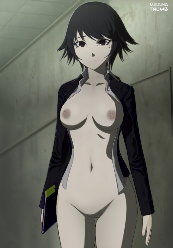 ajin_(sakurai_gamon) black_hair blush blush edit edited exposed_breasts exposed_pussy medium_breasts missingthumb pants_down red_eyes shimomura_izumi short_hair smiling standing unbuttoned_shirt