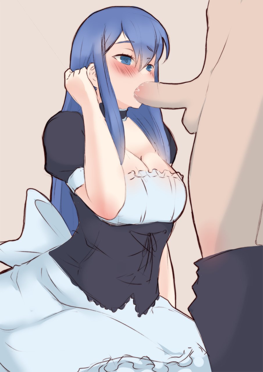 1girls, adjusting hair, alternate costume, blue eyes, blue hair, breasts, caeda (fire emblem), cleavage, fellatio, female, female focus, fire emblem, fire emblem: mystery of the emblem, fire emblem: shadow dragon and the blade of light, kneeling oral position, large breasts, long hair, maid, male, nintendo, oral, ryumi-gin, solo focus