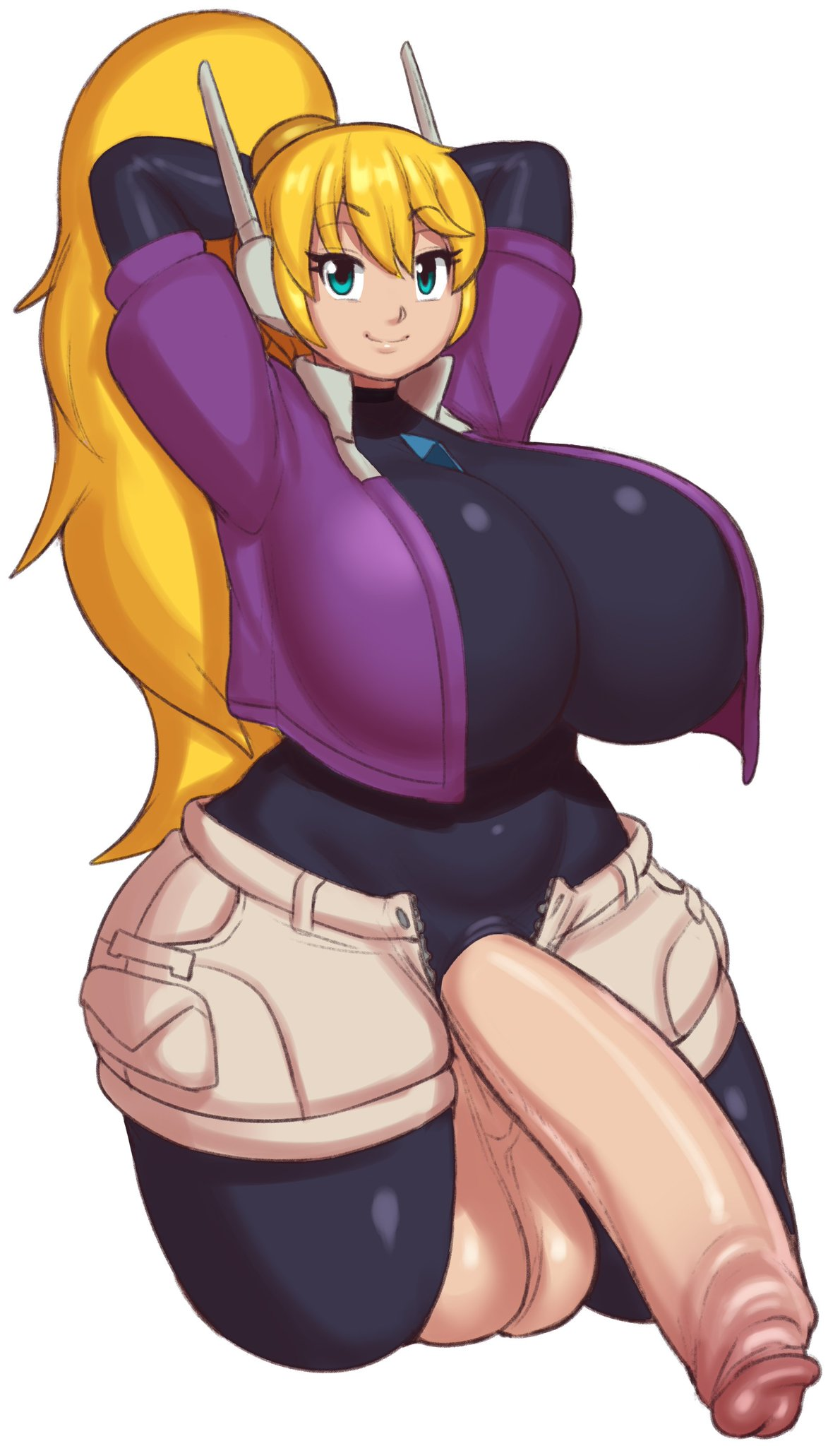 1futa, arms behind head, arms up, balls, black bodysuit, blonde hair, blue eyes, bodysuit, bodysuit under clothes, breasts, clothed, clothing, erection, female, futa only, futanari, grey impact, huge balls, huge breasts, huge cock, human, intersex, jazz (oc), latex bodysuit, light skin, light-skinned futa, long hair, looking at viewer, mostly clothed, open clothes, original character, pale skin, penis, penis out, ponytail, robot girl, skin tight suit, smiling, solo, standing, testicles, thick thighs, thunder thighs, wide hips