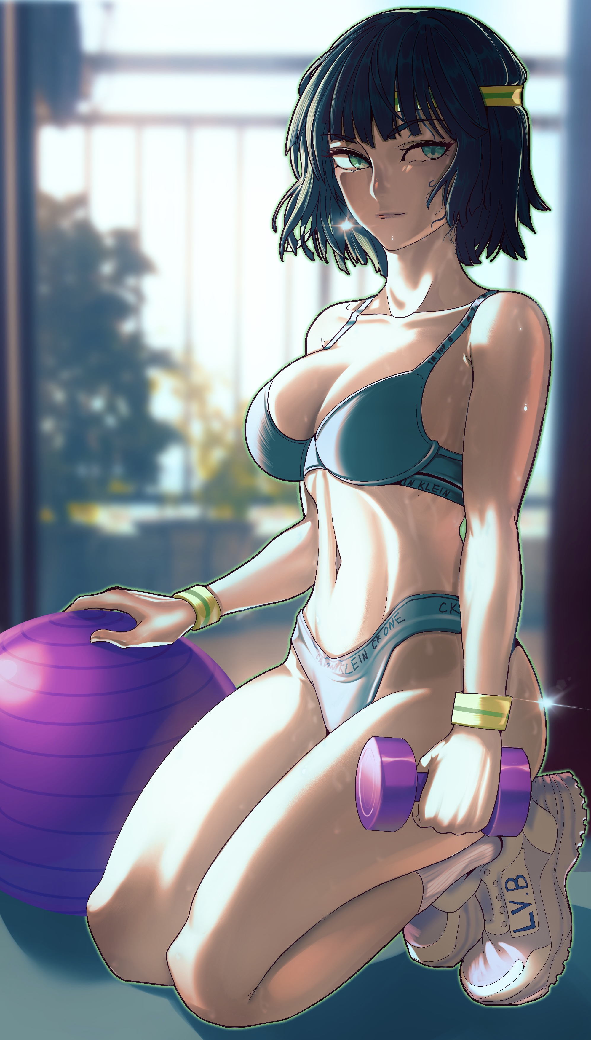 1girls, 2d, 2d (artwork), absurd res, alternate costume, aura, ball (object), bangs, bare shoulders, blurry background, bra, breasts, calvin klein, cleavage, clothing, cloudy rain4, collarbone, dumbbell, exercise, eyebrows visible through hair, eyelashes, female, female focus, female only, fubuki (one-punch man), full body, green eyes, headband, hips, holding, holding object, human, indoors, lens flare, light skin, light-skinned female, lips, looking to the side, medium breasts, medium hair, navel, on knees, one-punch man, panties, questionable, revealing clothes, shoes, skimpy, sneakers, socks, solo, solo female, sportswear, sweat, sweatdrop, teal hair, thighs, wristband