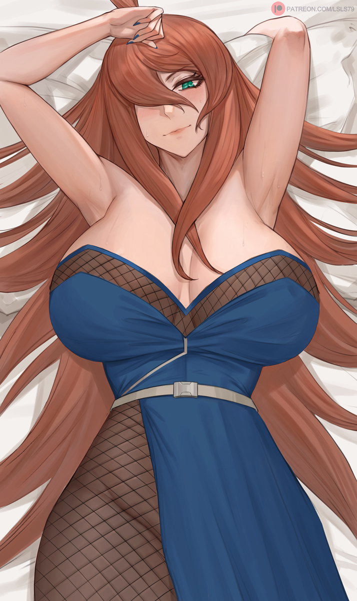 1girls, armpits, arms up, bangs, bare shoulders, blue dress, blush, breasts, brown hair, brown legwear, cleavage, collarbone, dress, female, fishnet legwear, fishnets, green eyes, hair over one eye, highres, large breasts, long hair, looking at viewer, lsls, mature, mature female, mei terumi, nail polish, naruto, naruto (series), naruto shippuden, pantyhose, smile, solo, thighs, very long hair