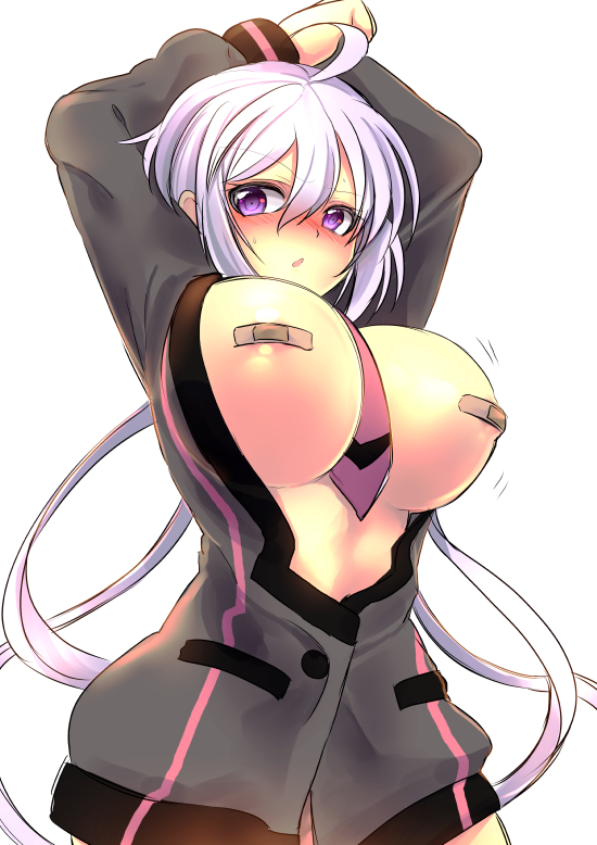 ahoge areolae arms_up bandaid bandaids_on_nipples between_breasts blush breasts female hair_between_eyes kouji_(kari) large_breasts long_hair looking_at_viewer lydian_academy_uniform necktie necktie_between_breasts open_clothes open_mouth open_shirt pasties purple_eyes purple_hair red_necktie senki_zesshou_symphogear simple_background solo very_long_hair white_background yukine_chris