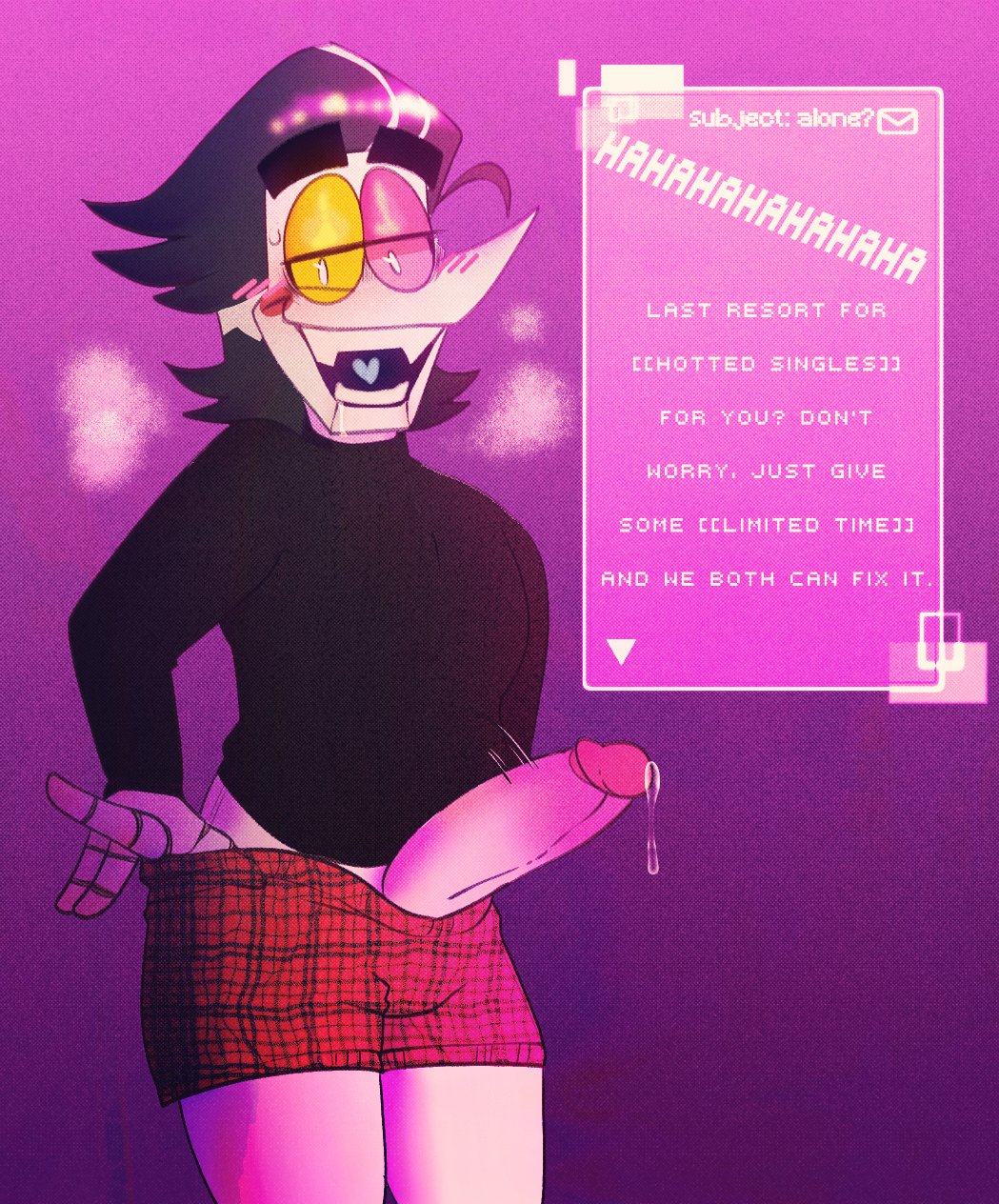 big_head big_penis black_hair black_shirt blush boxers color deltarune deltarune_chapter_2 english_text fangs horny humanoid humanoid_genitalia humanoid_penis humanoid_robot long_nose long_sleeve_shirt long_sleeves looking_at_viewer male_only multicolored_eyes non-human penis plaid_bottomwear precum robot solo spamton_g_spamton sweat sweatdrop sweating teeth_showing text thighs toony toony_face