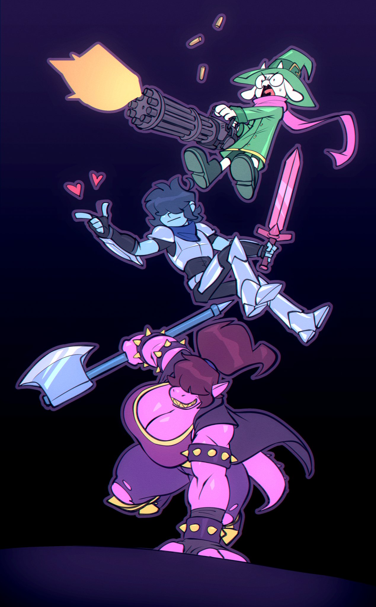 anthro big_breasts big_tits bigdad breasts clothed clothing darnact deltarune female fur gatling_gun gun heart kris_(deltarune) male ralsei scalie susie_(deltarune) tagme trio undertale_(series)