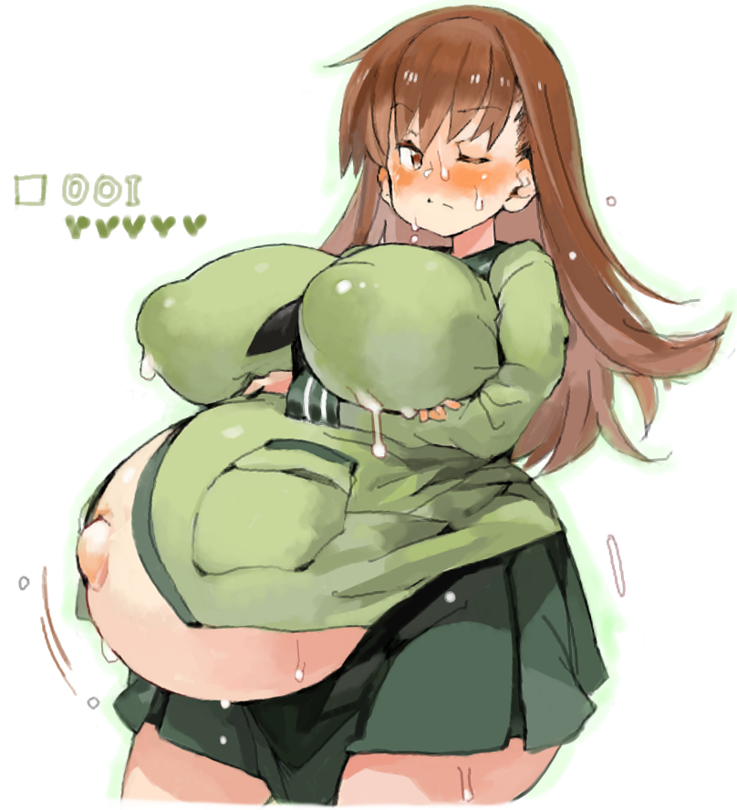 bangs, blush, breasts, brown hair, closed mouth, covered erect nipples, cowboy shot, crossed arms, curvy, female, green shirt, huge areolae, huge breasts, huge nipples, kantai collection, lactation, lactation through clothes, long hair, looking at viewer, motion lines, one eye closed, ooi (kantai collection), open clothes, open shirt, outie navel, pregnant, puffy areolae, puffy nipples, sachito, sailor collar, school uniform, serafuku, shirt, skirt, solo, sweat, thick thighs, thighs, wide hips