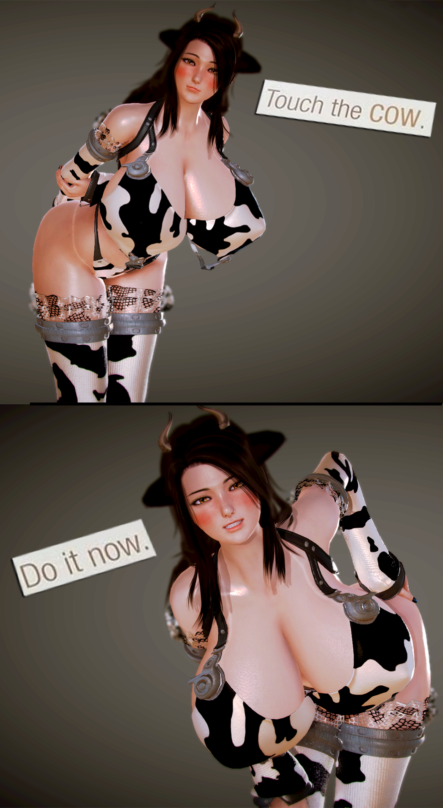 1girls 3d animal_ears big_breasts bikini blush brown_hair bursting_breasts cleavage clothed cow_ears cow_print cow_print_bikini cowgirl cowprint cute english_text gigantic_breasts hand_on_ass honey_select horns huge_breasts lingerie meme milf overflowing_breasts solo tan_lines text theduudeman thick_thighs thighhighs touch_the_cow_do_it_now